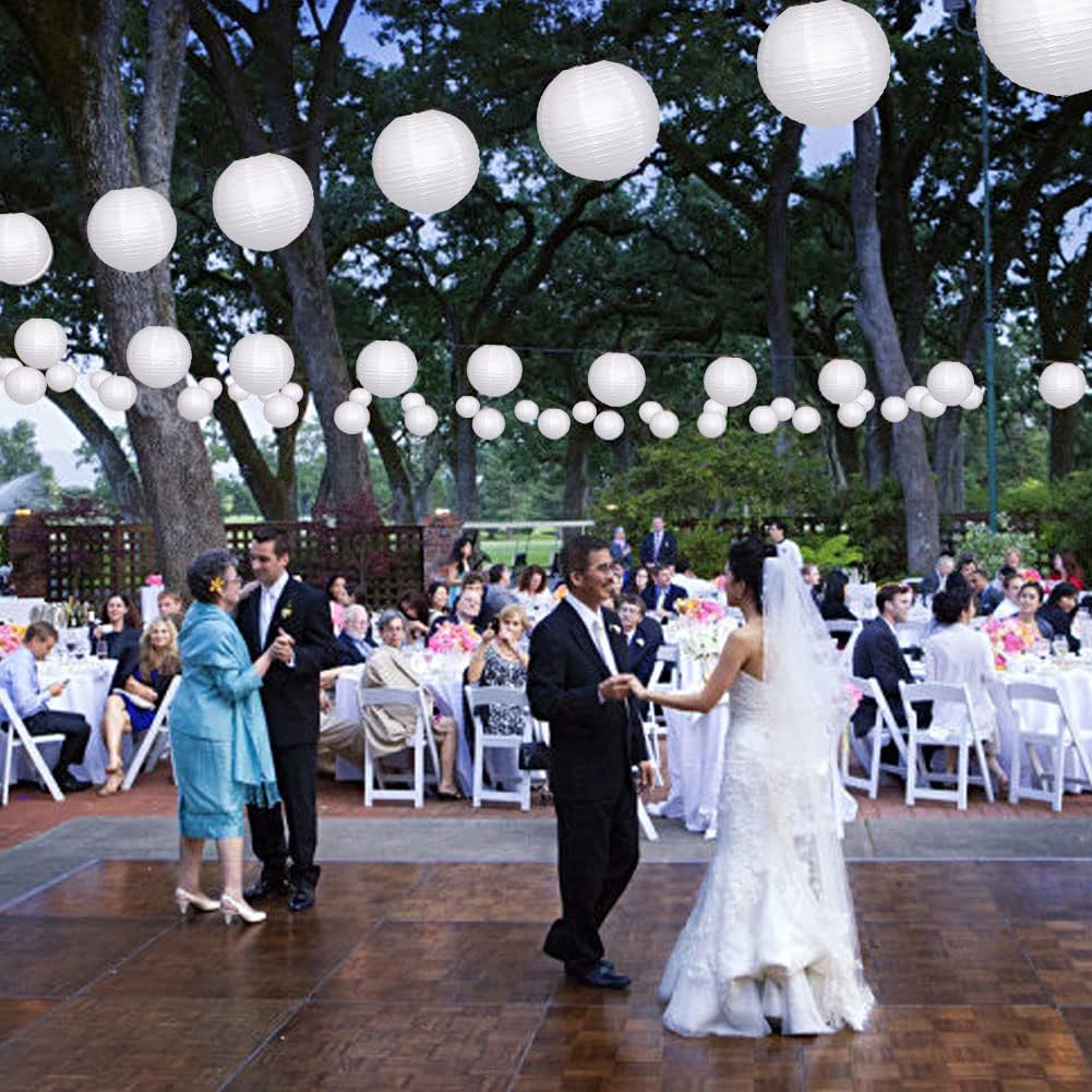 Paper Lanterns Decorative, White Hanging Round Chinese Lanterns with Lights for Wedding Anniversary Birthday Party 12 LED Light Pack of 12