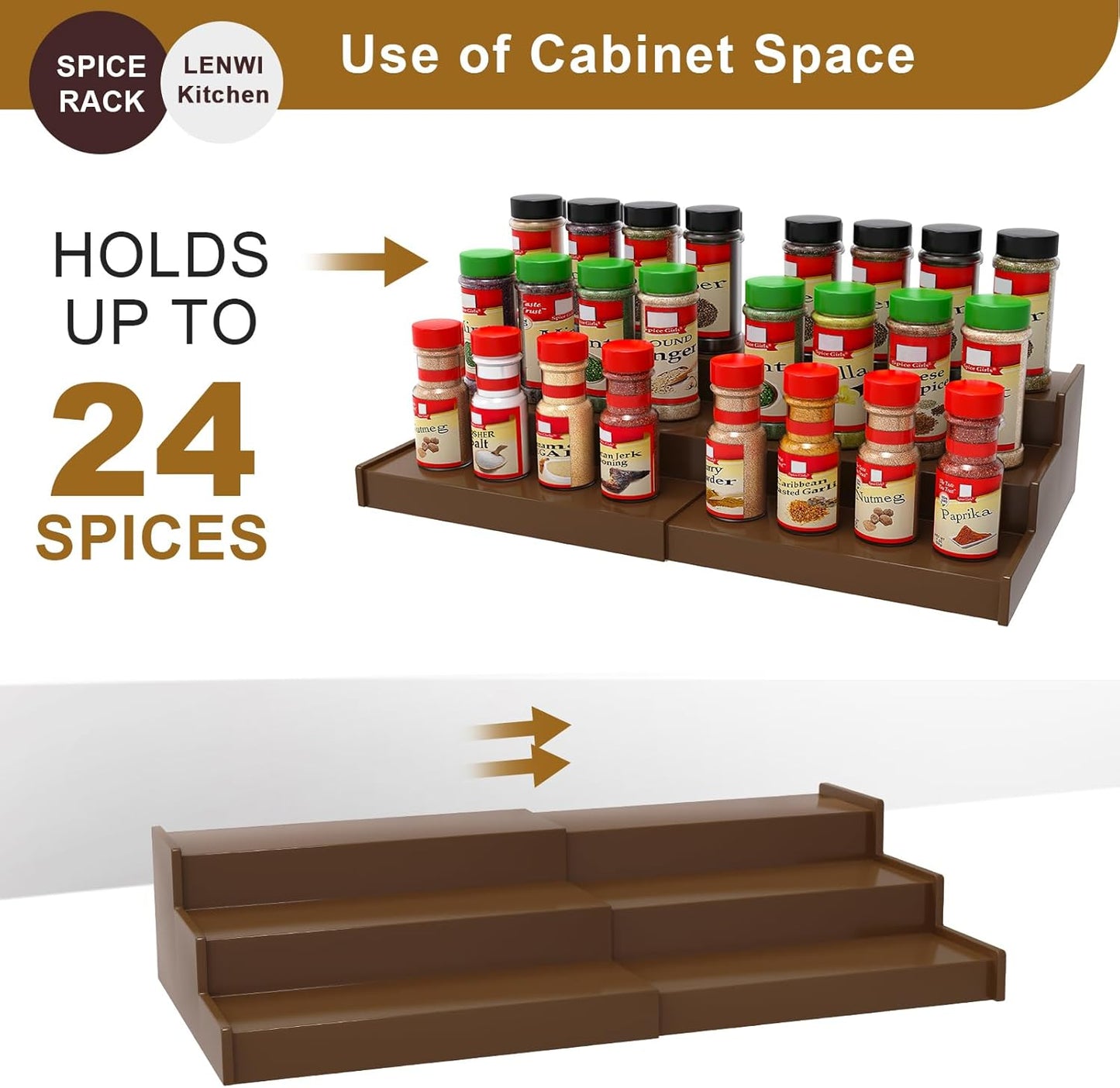 Spice Rack Organizer for Cabinet 2Pack, 3 Tier Expandable Bamboo Spice Storage, Great for Kitchen Cabinet, Cupboard,Pantry and More(Brown)