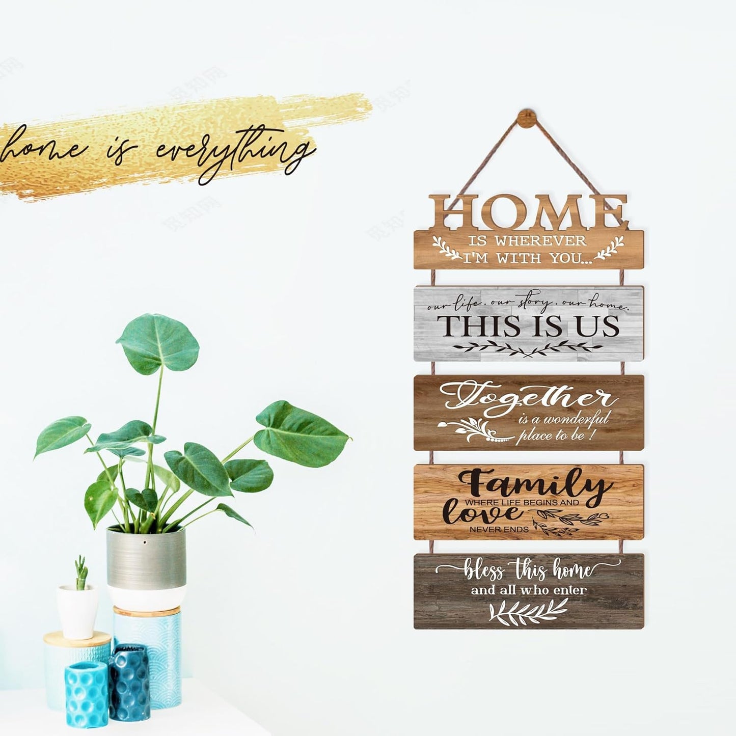 Wooden Collage Panels Home Affirmations Wall Sign- Wall Plaques for Living Room,Bedroom,Dining Room,Bathroom - Multicolor Rustic Family Farmhouse Wall Decor 5pcs