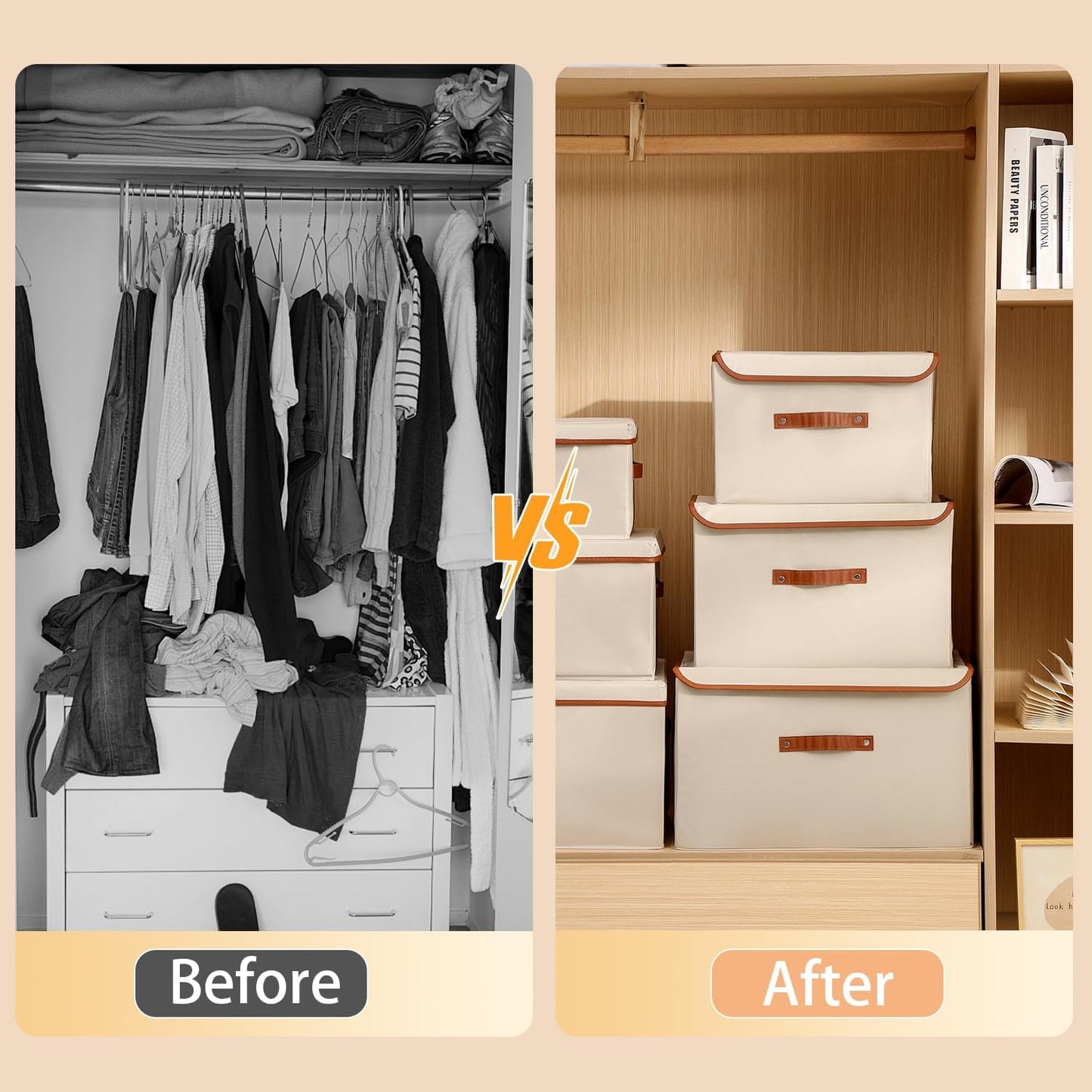 Tuza 2 Pack Large Fabric Storage Bins with Lids, Foldable Storage Boxes with Lids for Organizing, Decorative Storage Boxes with Handles for Home, Bedroom, Closet, Office(Khaki, Extra Large)