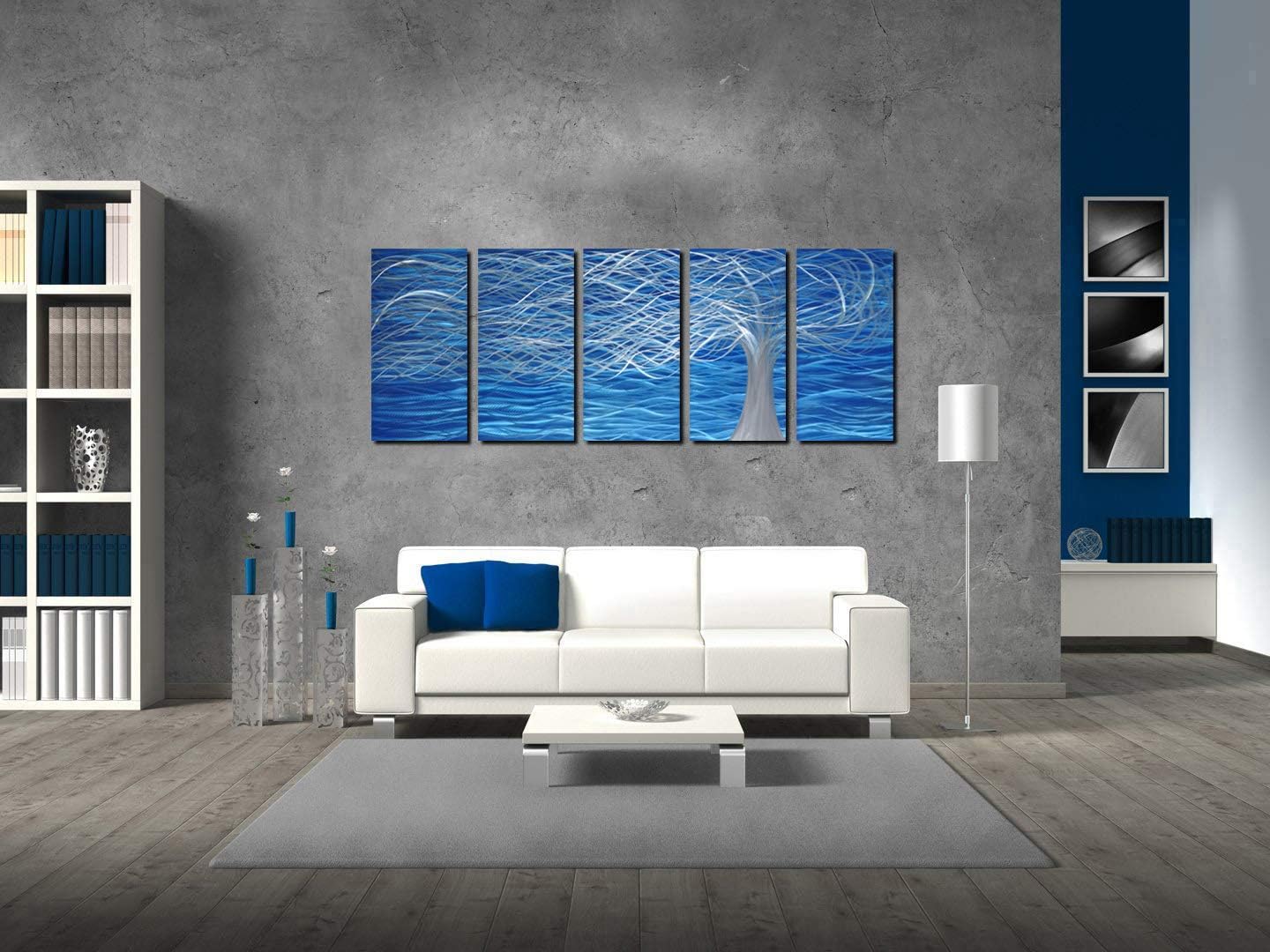 Unique Metal Wall Sculpture, Metal Wall Art with Tree Painting Design, Abstract Modern and Contemporary Décor, Aluminum Blue Artwork, Indoor and Outdoor decoration, 5 panels 64"Wx24"H