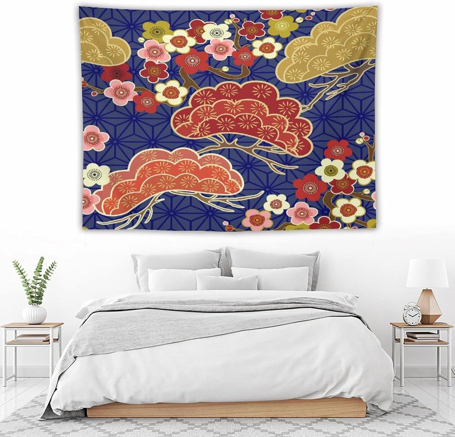 HZOHNAGO Japanese Tapestry Art Abstract Colorful Cherry Blossom Blue Background Pattern Printed Wall Tapestry Painting Wall Hanging for Bedroom Living Room Dorm 80" W x 60" H