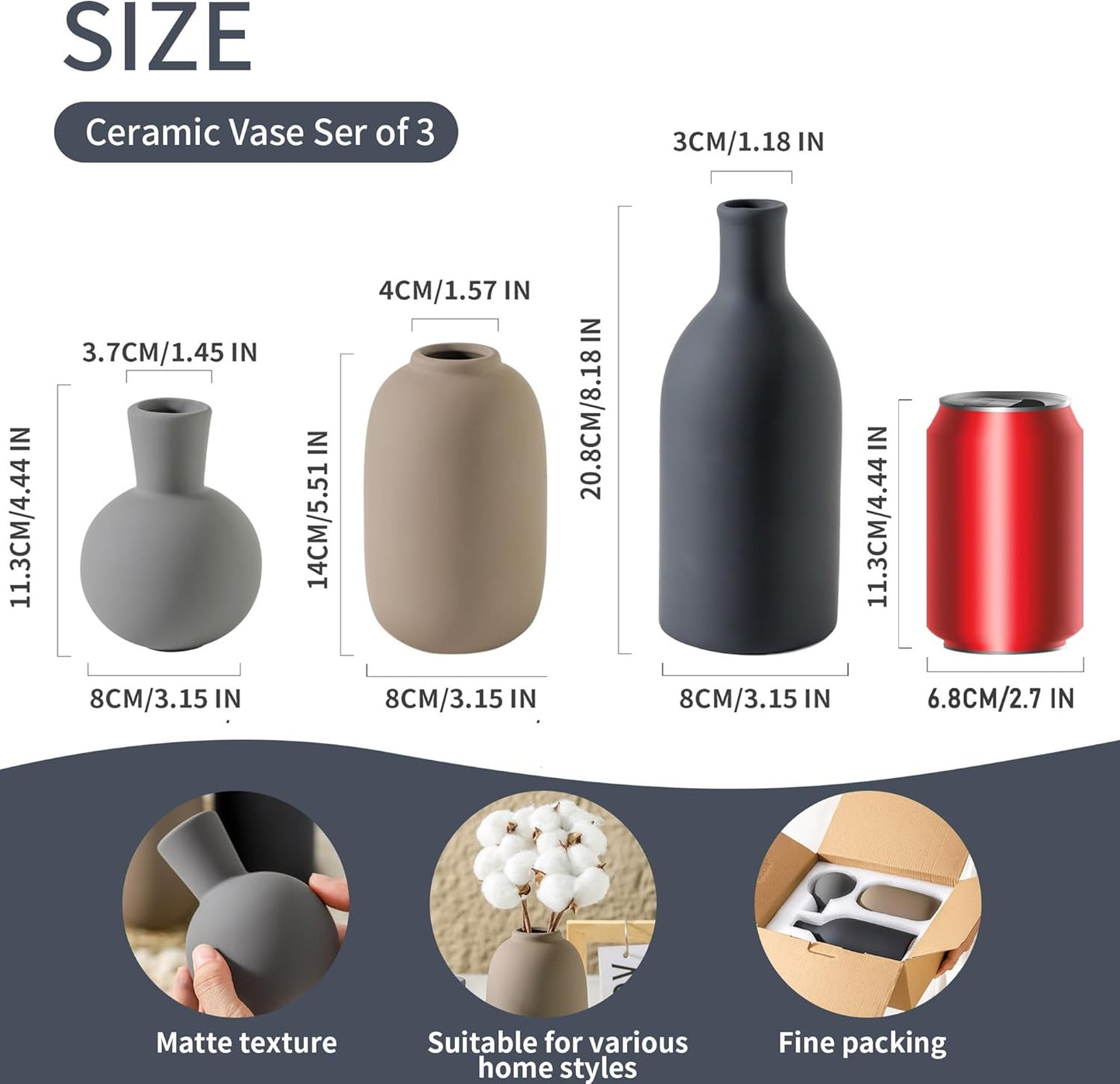 Ceramic Vase Set of 3, Rustic Farmhouse Vases Home Decor Pottery Pampas Vase Decoration Modern Neutral Flowers Vases for Room Decor, Entryway, Living Room, Table, Kitchen, Bedroom - Multicolor