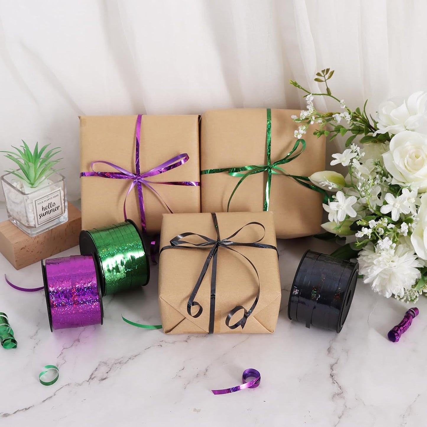 BEISHIDA 3 Pack 100 Yards Red Green Purple Halloween Curling Ribbon Balloon String Gift Wrapping Ribbon for Halloween & Birthday Parties, Holiday Decorations