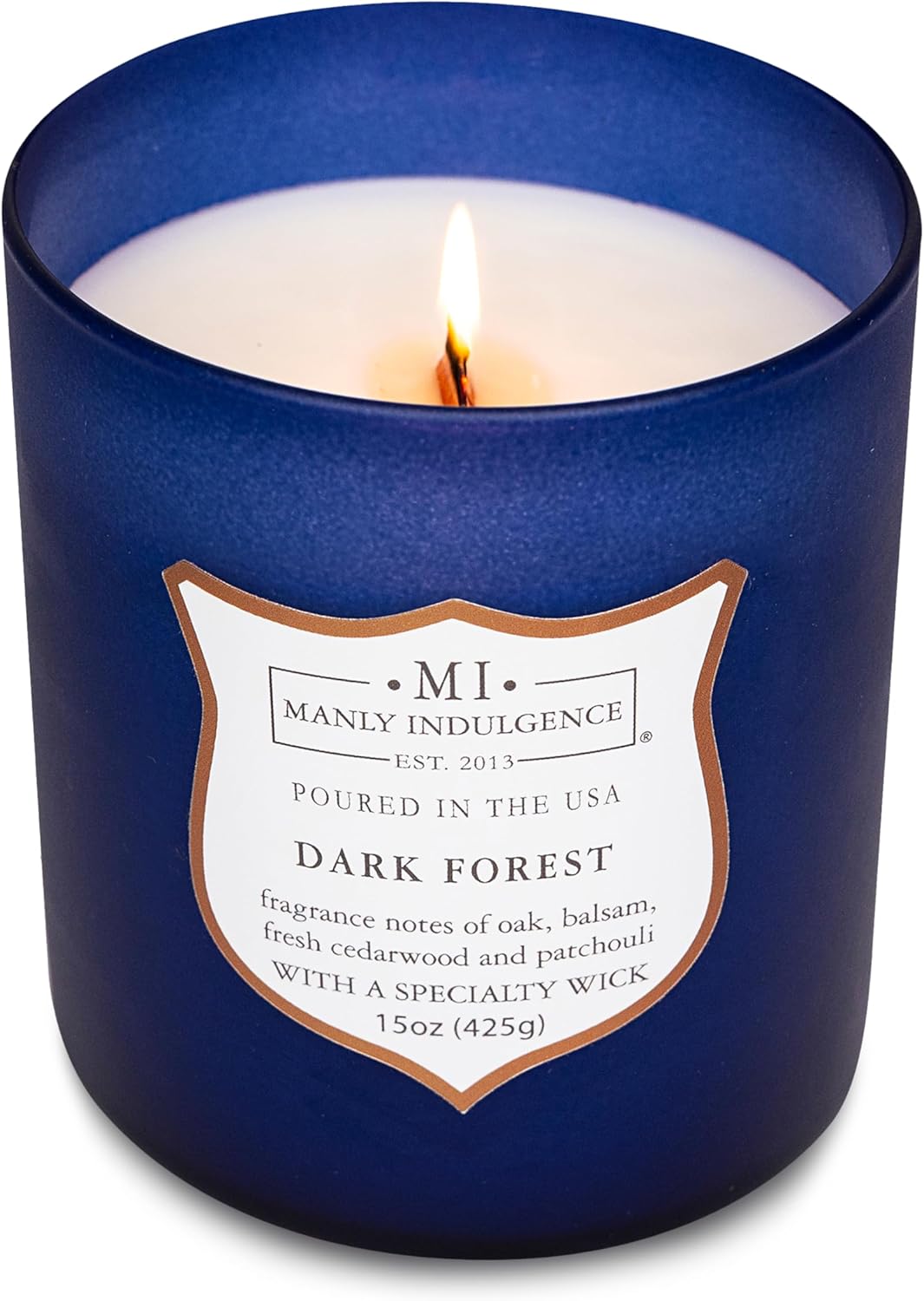 Manly Indulgence Dark Forest Scented Jar Candle for Men, Wood Wicked Candle, 15 oz - Oak, Balsam, Fresh Cedarwood & Patchouli - Up to 60 Hours Burn, Soy Blend Wax, USA Poured, Navy Blue