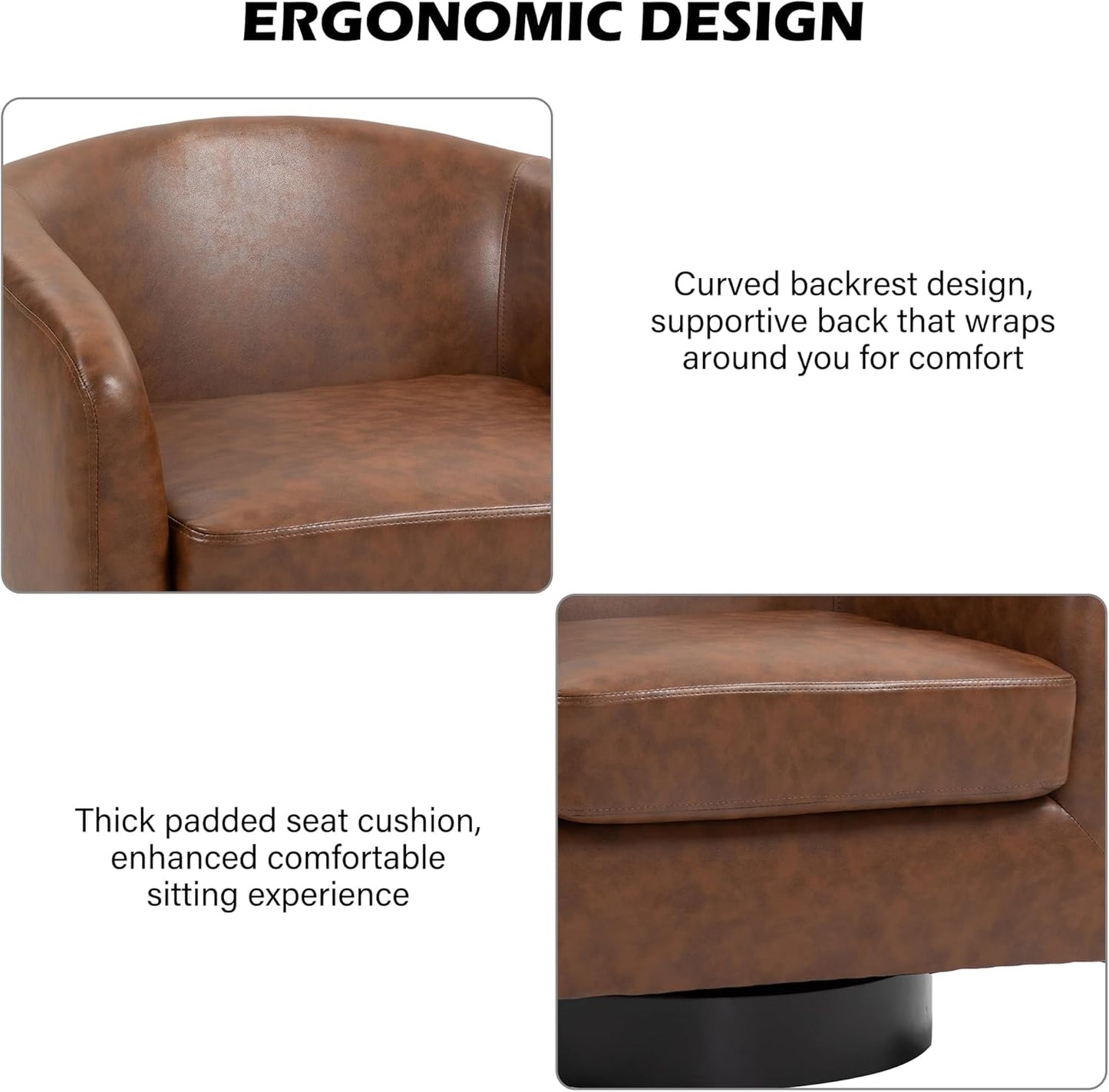 Swivel Barrel Accent Chair, Modern Round Faux Leather Arm Chair for Living Room, Bedroom, Comfy Club Reading Chairs for Adults(Faux Leather, Coffee, Set of 2)