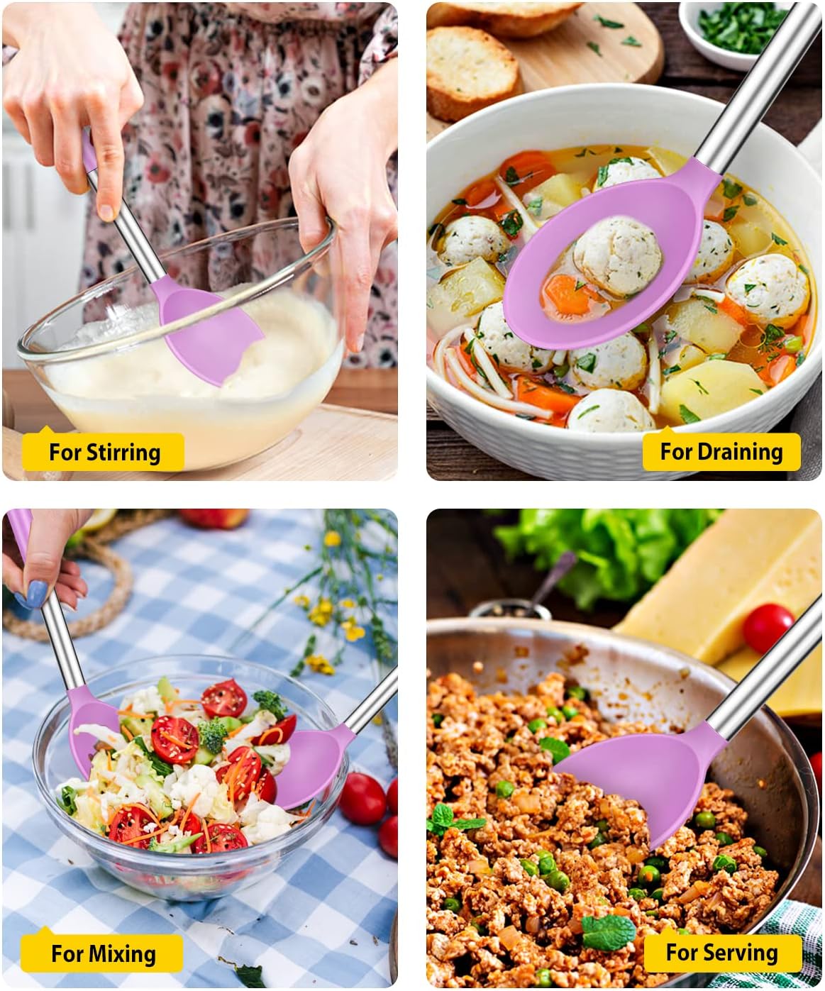 Pack of 2 Large Silicone Cooking Spoons,Non Stick Solid Basting Spoon,Heat-Resistant Kitchen Utensils for Mixing,Serving,Draining,Stirring (PURPLE)