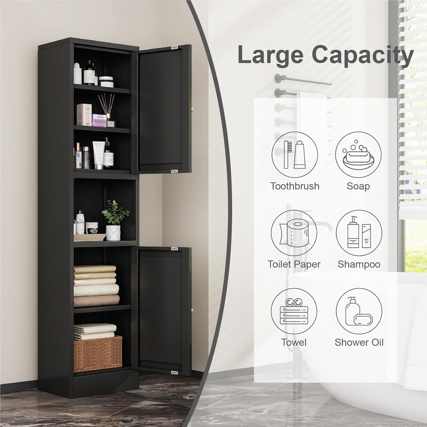 67" Tall Bathroom Storage Cabinet, Narrow Metal Floor Cabinet with 2 Doors and Adjustable Shelves, Freestanding Metal Locker for Laundry, Kitchen, Dining Room