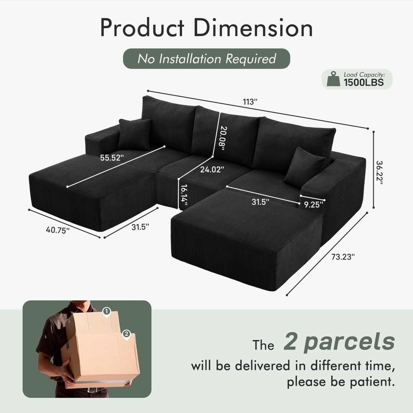 Boneless Sectional Cloud Couch Sofa for Living Room, 112" U-Shaped Modular Modern Lounge Sleeper Black Couches with Chaise, No Assemble, Cordury Compression Upholstered Sofas