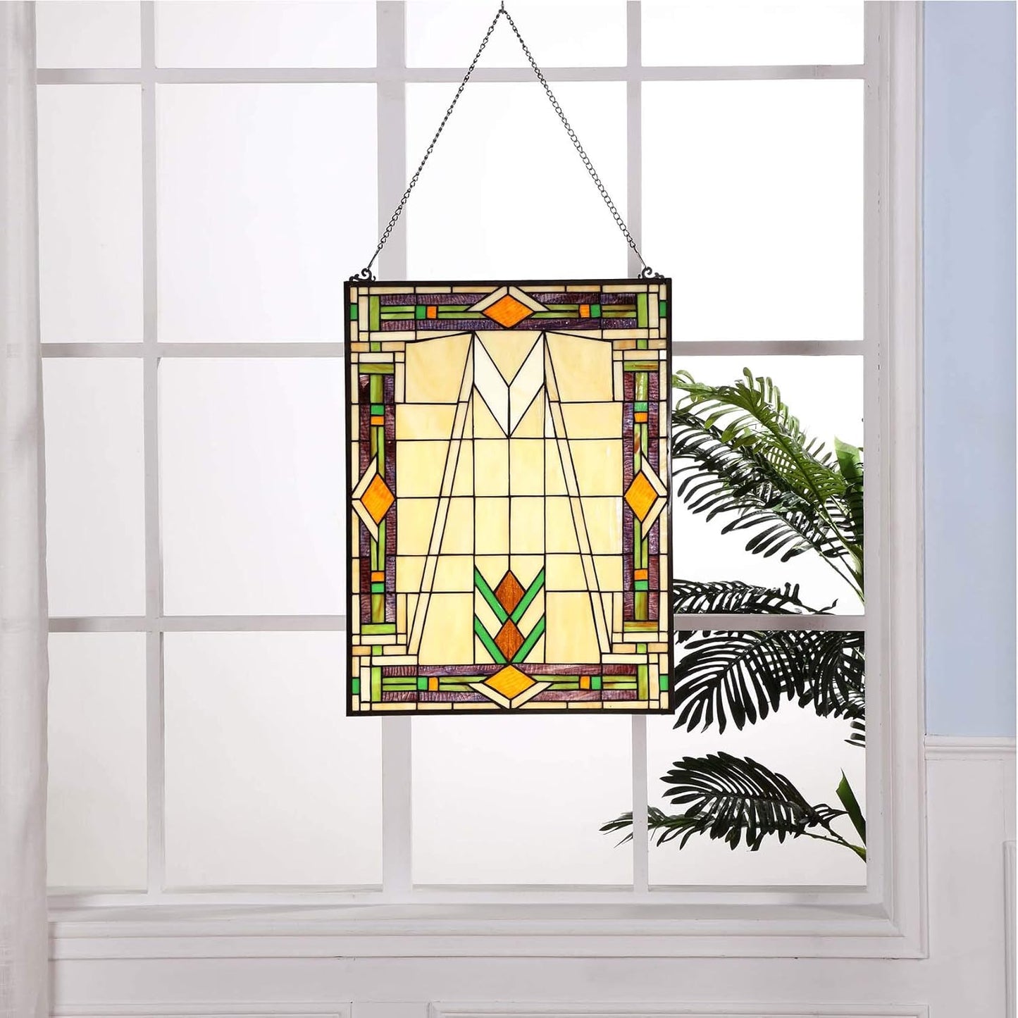 Bieye W10029 Mission Tiffany Style Stained Glass Window Panel Hangings with Chain, 18" W x 25" H