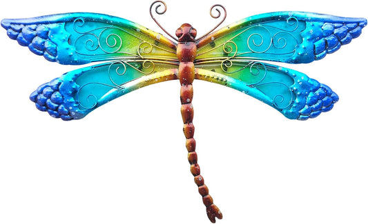 POXOHO Handmade Metal and Glass Dragonfly Wall Decor - Outdoor Garden Fence Art - 15 * 8.6 inches Rustic Scenic Wall Art for Patio, Bedroom, Bathroom Vivid Hanging Decoration
