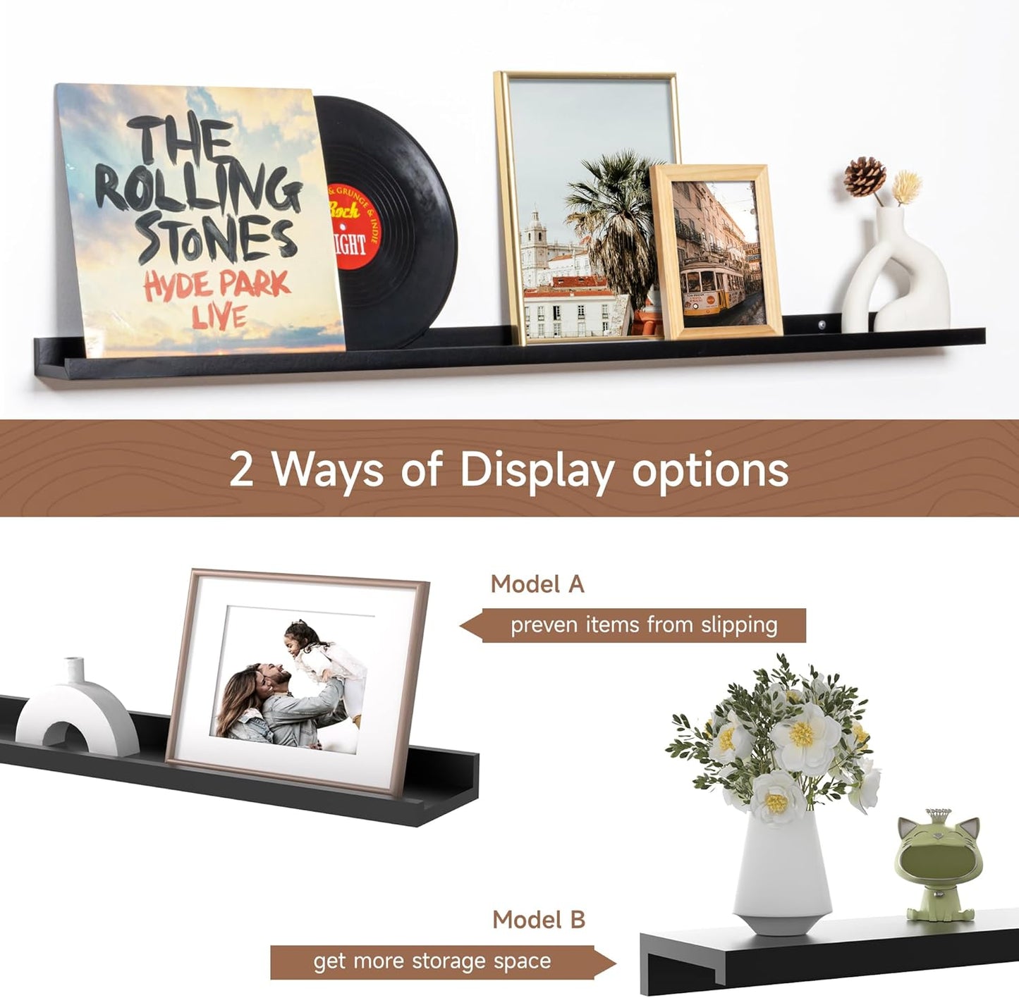 Fun Memories Picture Ledge Shelf, 48 Inch Floating Shelves Set of 2, Large Nursery Book Shelves for Toys Storage, Kids Bookshelf Wall Mounted for Wall Decor Books Photo Frames, Black