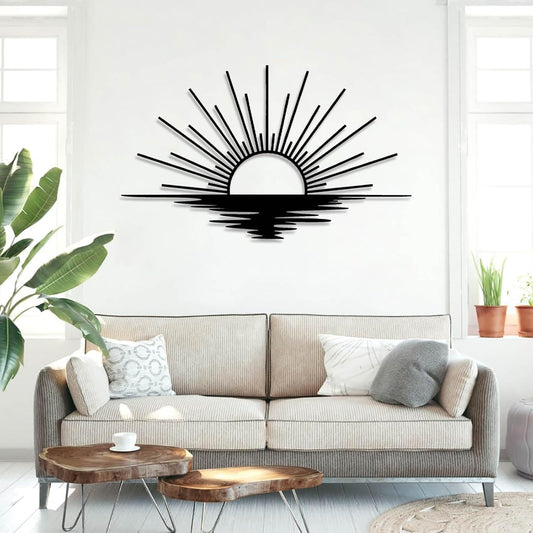 Sunrise Metal Wall Art, Metal Sun Wall Decor, Sun Outdoor Wall Art, Abstract Sunrise Wall Decor, Boho Home Hanging, Living Room Wall Hanging (Black, 53"x32"/135x81cm)