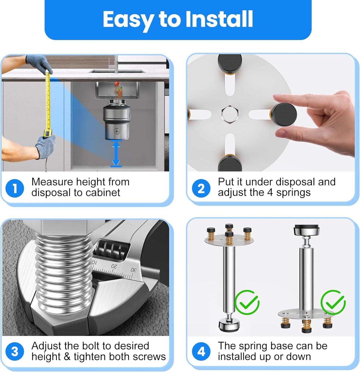Garbage Disposal Support, Adjustable Spring Shock Absorber Bracket (11.02-14.56inch (28-37cm)), Holds Up tp 440lbs, Stainless Steel Noise Reduction Installation Kit