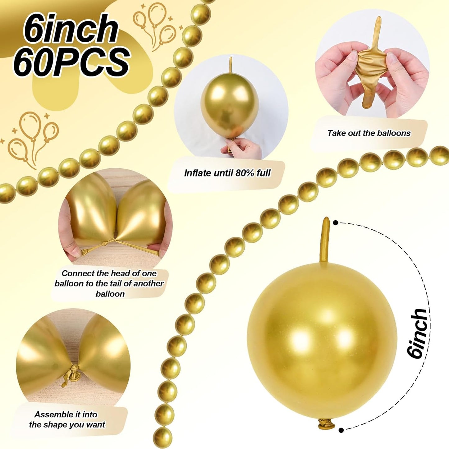Gold Quick Link Balloons, 60PCS Linking for Balloon Wall Arch Chains, 6inch Linkable for Wedding Birthday Baby Shower Engagement Graduation Party Decorations