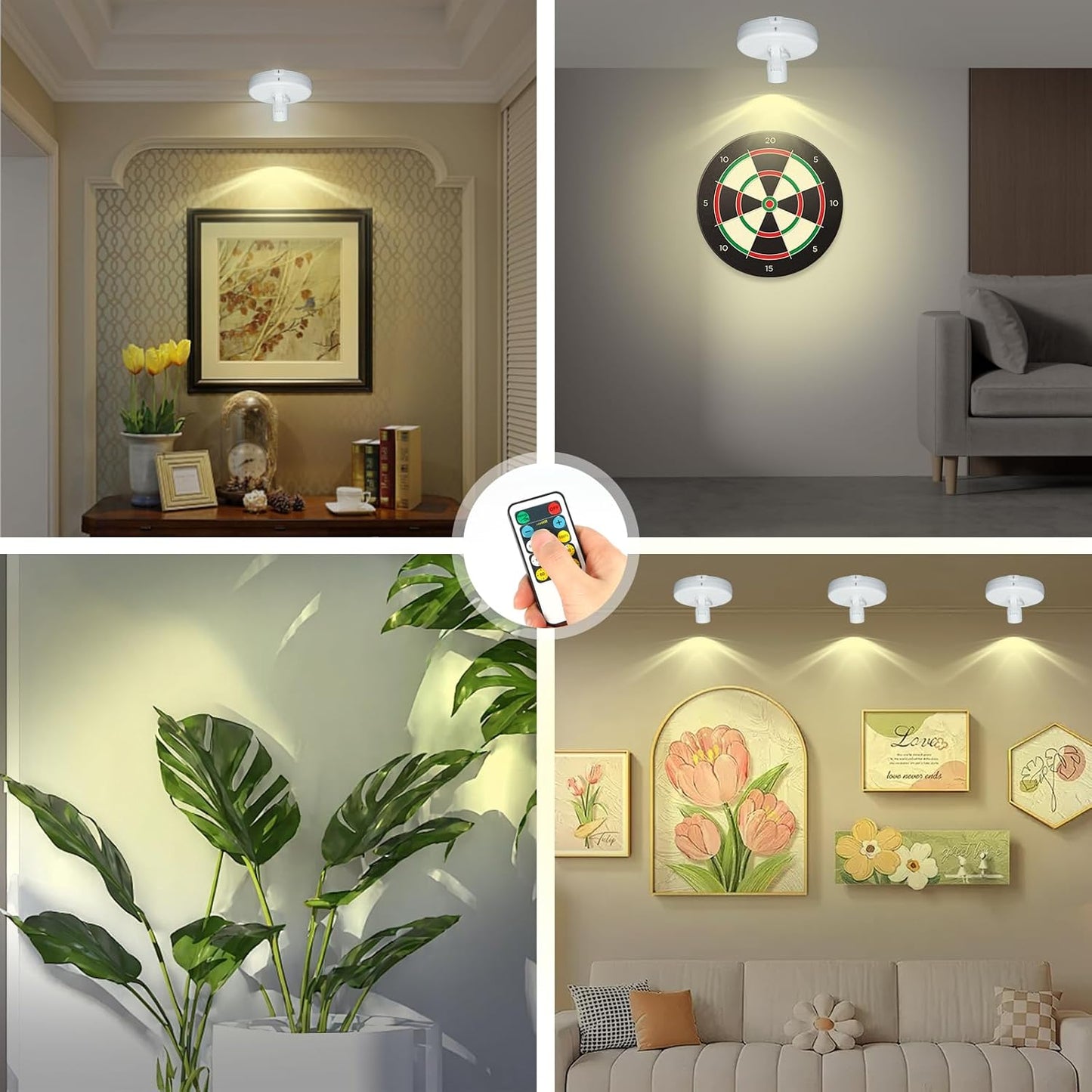 Cordless Spotlight Battery Powered, LED Accent Lighting with Remote and Timer, Display Puck Lights, Stick Uplight for Tree Portrait Gallery Picture Dartboard Painting Art Photo Plant