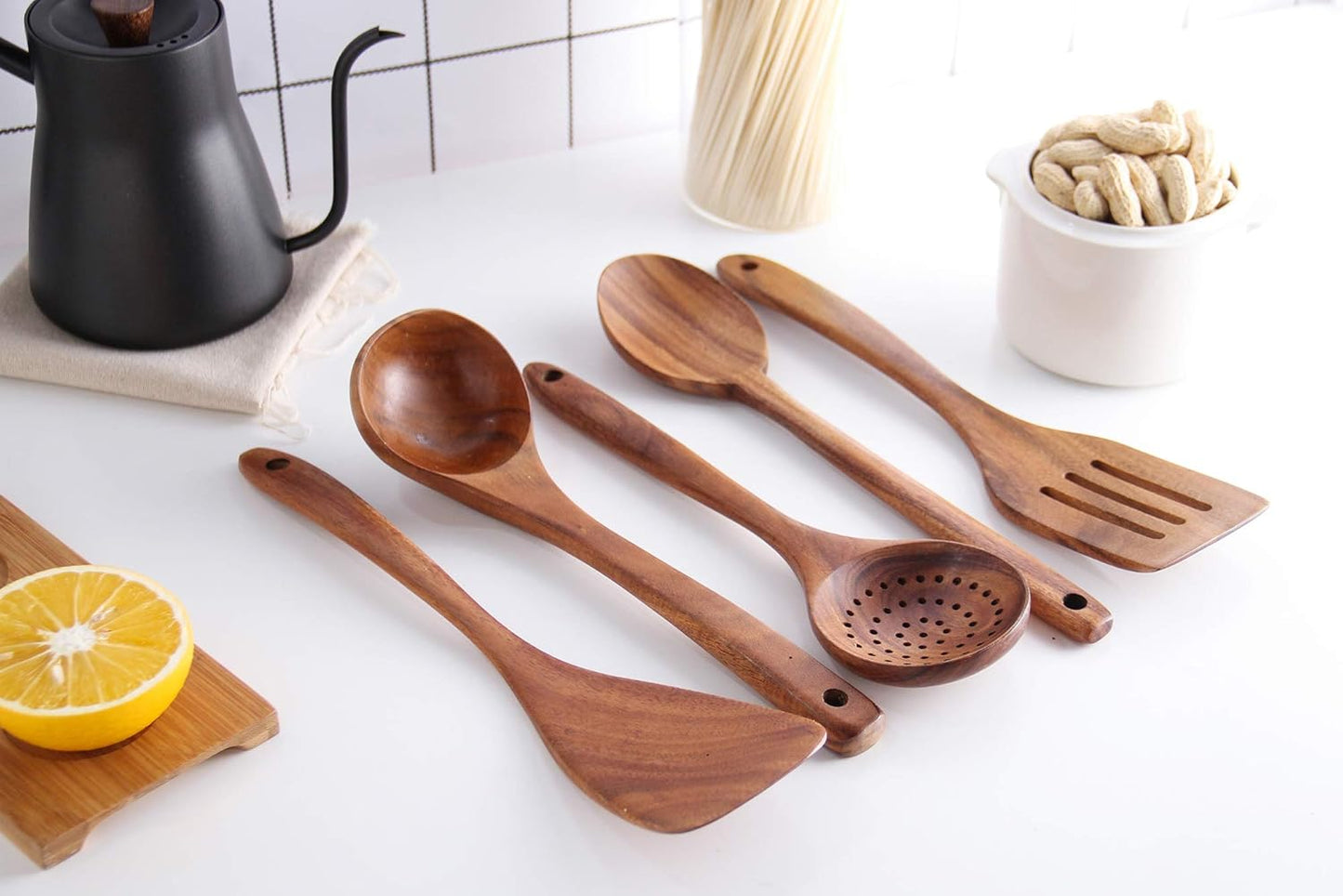 Wooden Spoons for Cooking, Cooking Utensils Set of 6 Natural Teak Wooden Cooking Spatulas with Utensils Holder Comfort Grip Wooden Kitchen Utensils for Nonstick Cookware