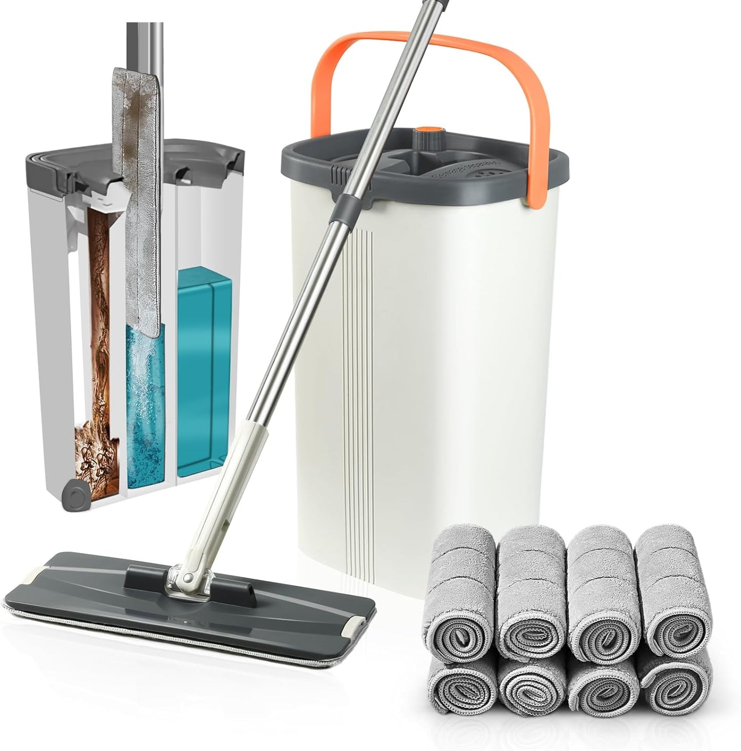 Jelymark Flat Mop and Bucket with Wringer Set, Separates Dirty and Clean Water, 3-Chamber Mop Wet and Dry Use, Not-Hands Squeeze Mops for Floor Cleaning, 8 Reusable Microfiber Mop Pads Included