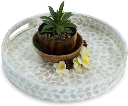 CLAYNIX Serving Tray 12.5 Inch, Lacquer Mother of Pearl Inlay Mosaic Tray, Round Wooden Marble Tray with Handles Trays for Tea, Breakfast (White)