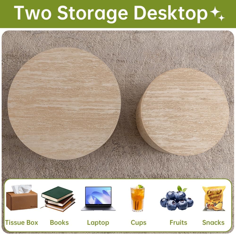 Round Nesting Coffee Table Set of 2 Small Round Coffee Tables for Living Room Modern Fluted Coffee Table Circular End Table Side Table for Small Spaces No Assembly (Travertine, 18 in)