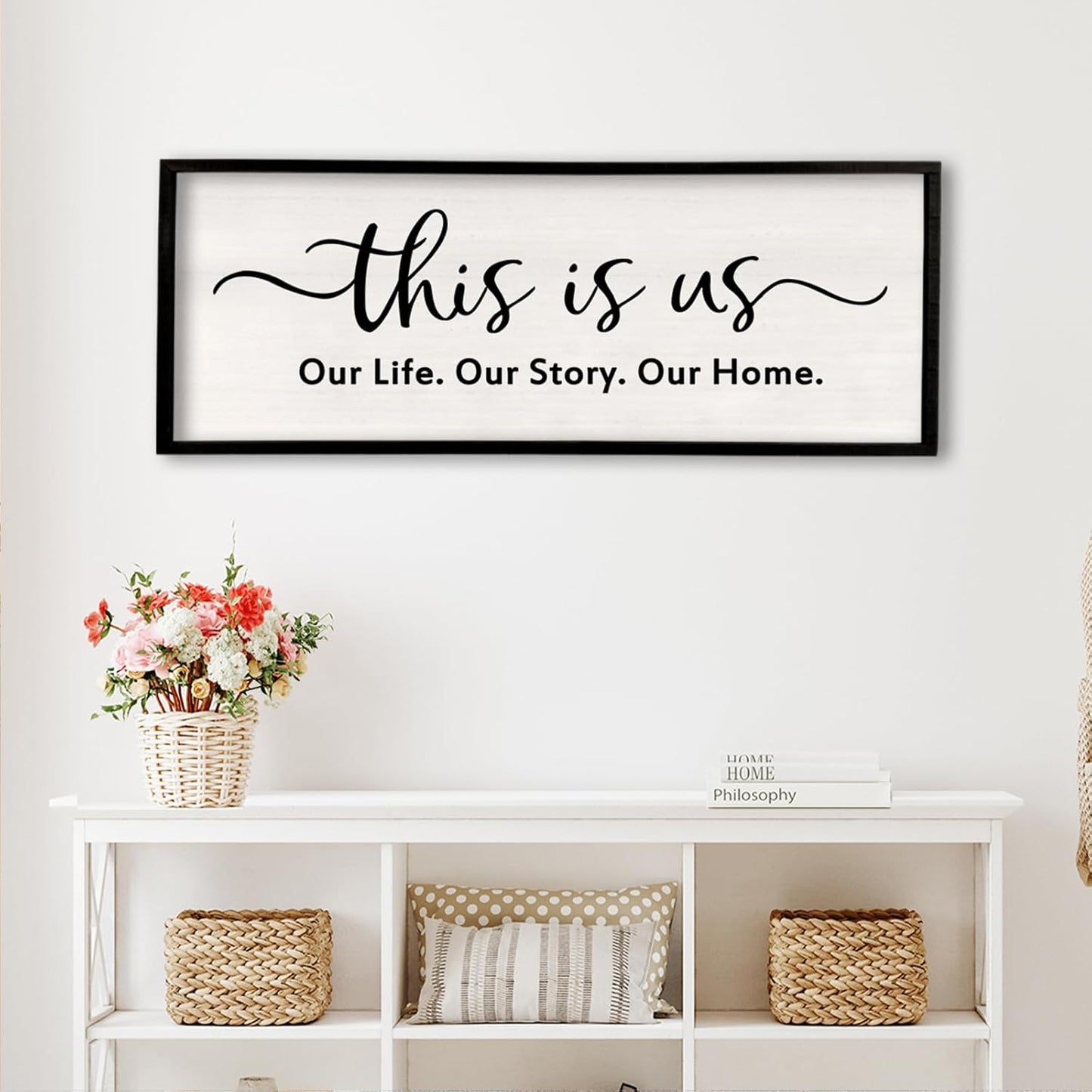 This is us Wall Decor Sign 32'' x 12'' Large Master Bedroom Home Life Story Wood Framed Vintage Family Sign Rustic Plaque Living Room Minimalist Farmhouse Hanging Wall Art (Black)