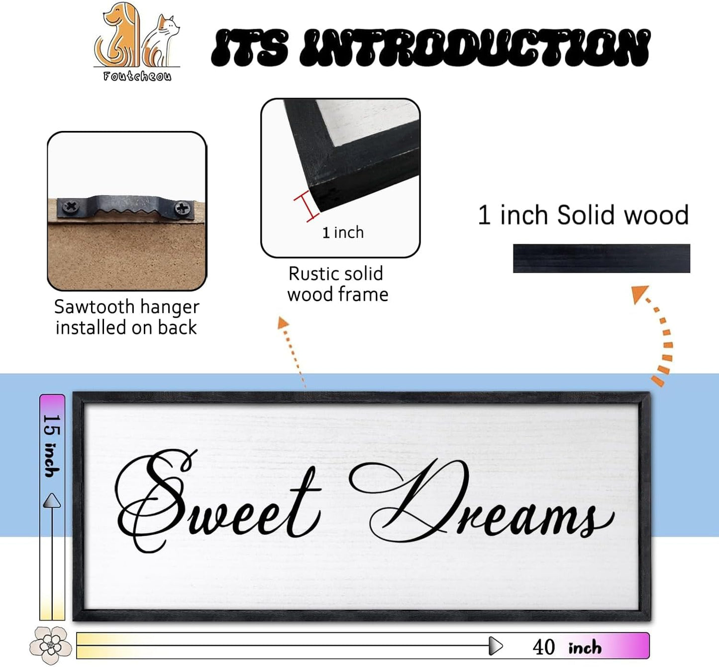 Sweet Dreams Wall Decor Above Bed 40x15 Inch Large Master Bedroom Hanging Wood Rustic Framed Farmhouse Sweet Dreams Sign Guest Room Aesthetic And Minimalist Over Bed Wall Art（Black）