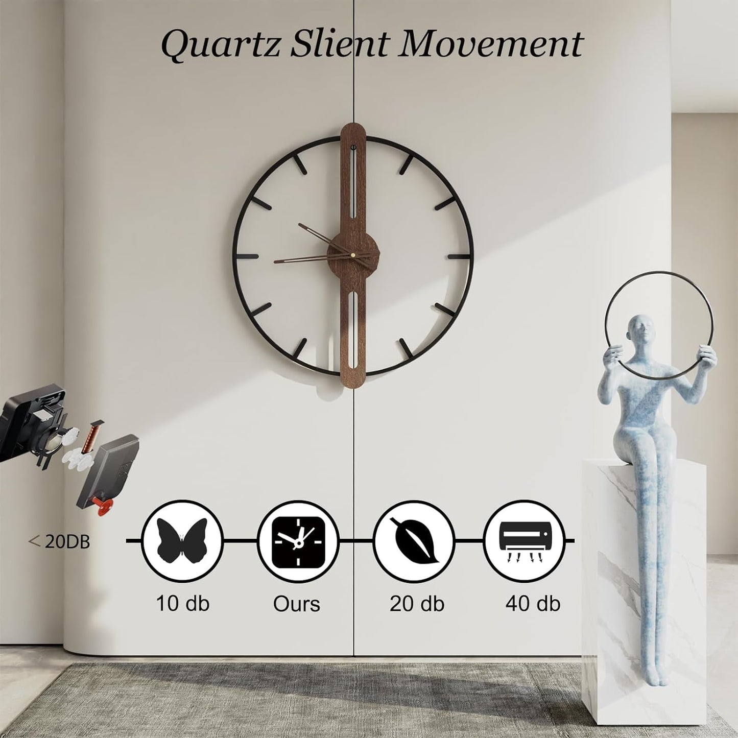 Modern Walnut Dial Wall Clock, Wood Large Wall Clock Decor Metal Frame Silent Non Ticking for Living Room, Bedroom, Kitchen, Study Decoration, Handmade Home Present Idea, 20 in （50 cm）