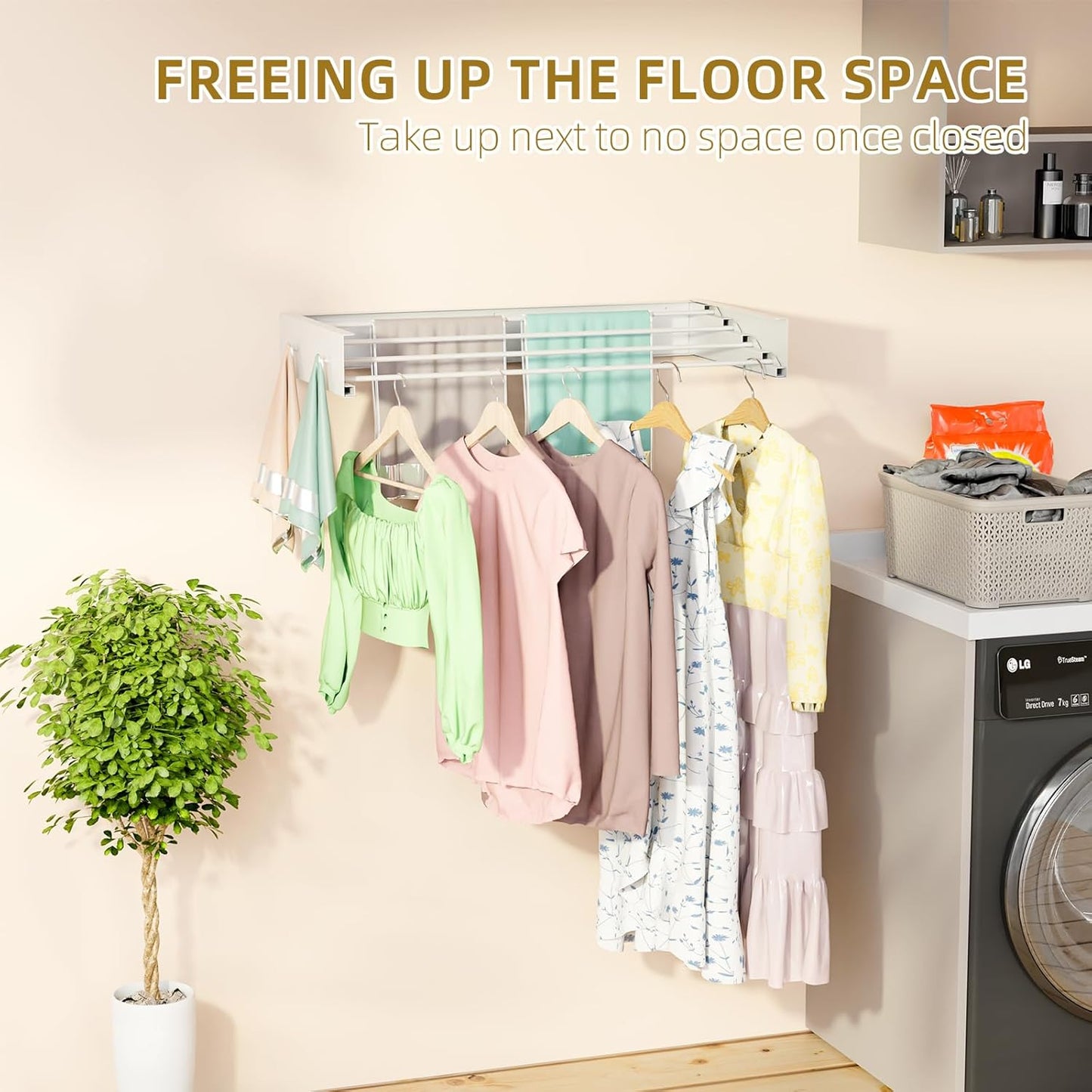 Wall Mounted Drying Rack for Laundry 23.6'', Foldable Laundry Drying Rack Clothing Wall Mount with 4 Towel Hooks and 4 Rods, Space Saving for Indoor Outdoor Bathroom Balcony (White, 23.6'')