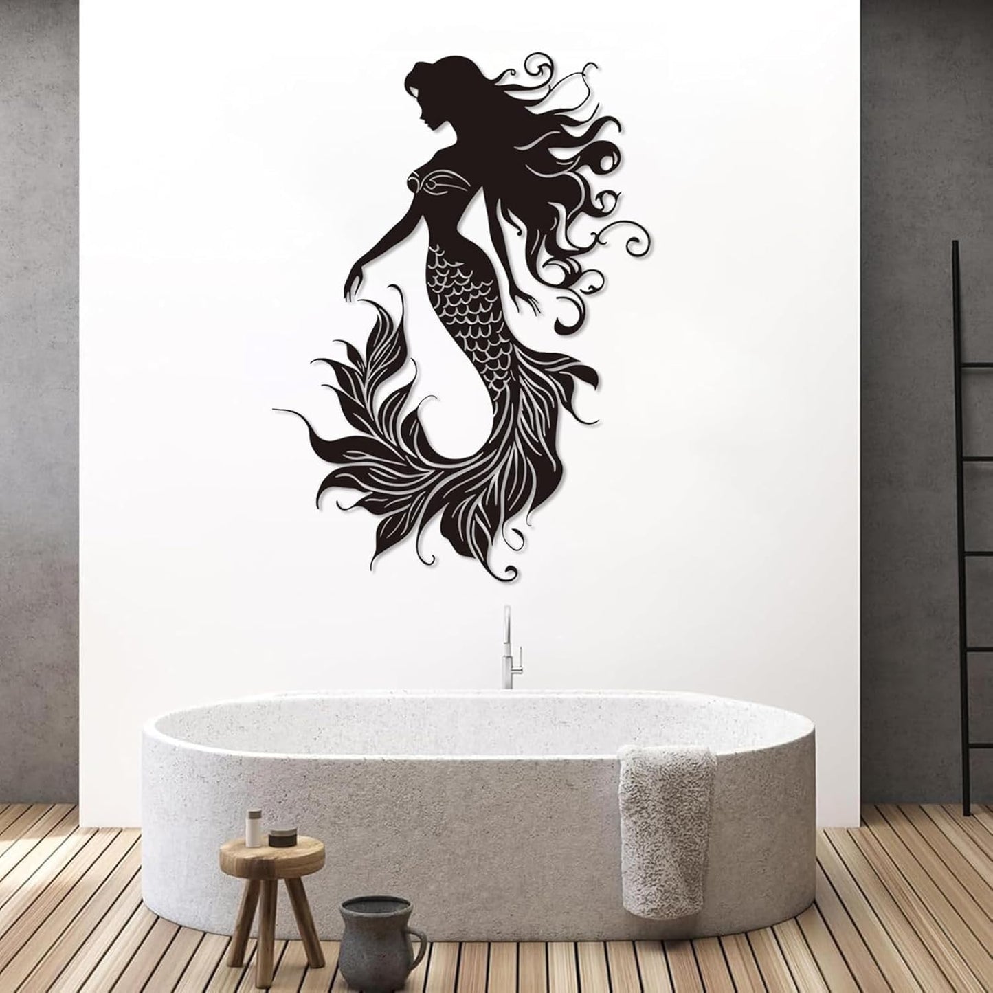 Veplsur Mermaid Metal Wall Art, Metal Mermaid Wall Decor, Marine Biology Wall Decor, Ocean Wall Art, Nautical Wall Hanging, Beach Hanging for Bathroom Bedroom (White, 35"x25"|90x64cm)