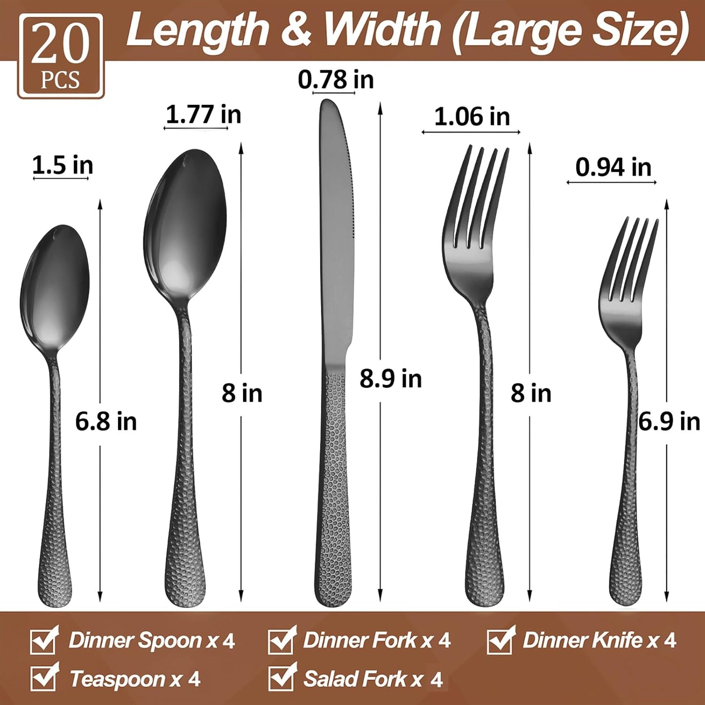 20 Pcs Black Silverware Set for 4 with Hammered Design, Food Grade Stainless Steel Flatware Set, Eating Utensils Sets Include Fork/Knife/Spoon, Cutlery Set, Dishwasher Safe