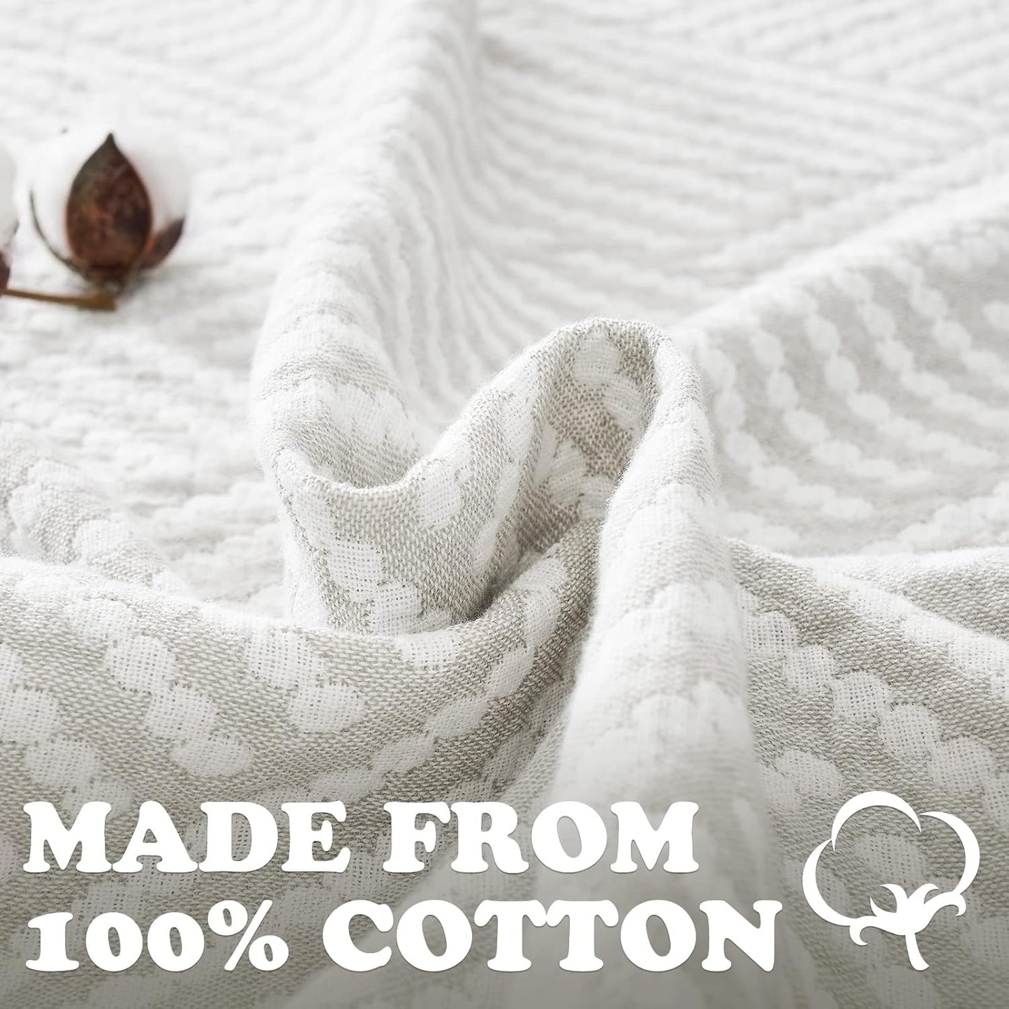 jinchan Boho 100% Cotton Blanket Muslin 50x60 Inches Lightweight 3-Layer Geometric Square Striped Pattern Reversible Quilt Throw Soft Breathable Comfy All Seasons for Couch Bed Decor, Light Grey