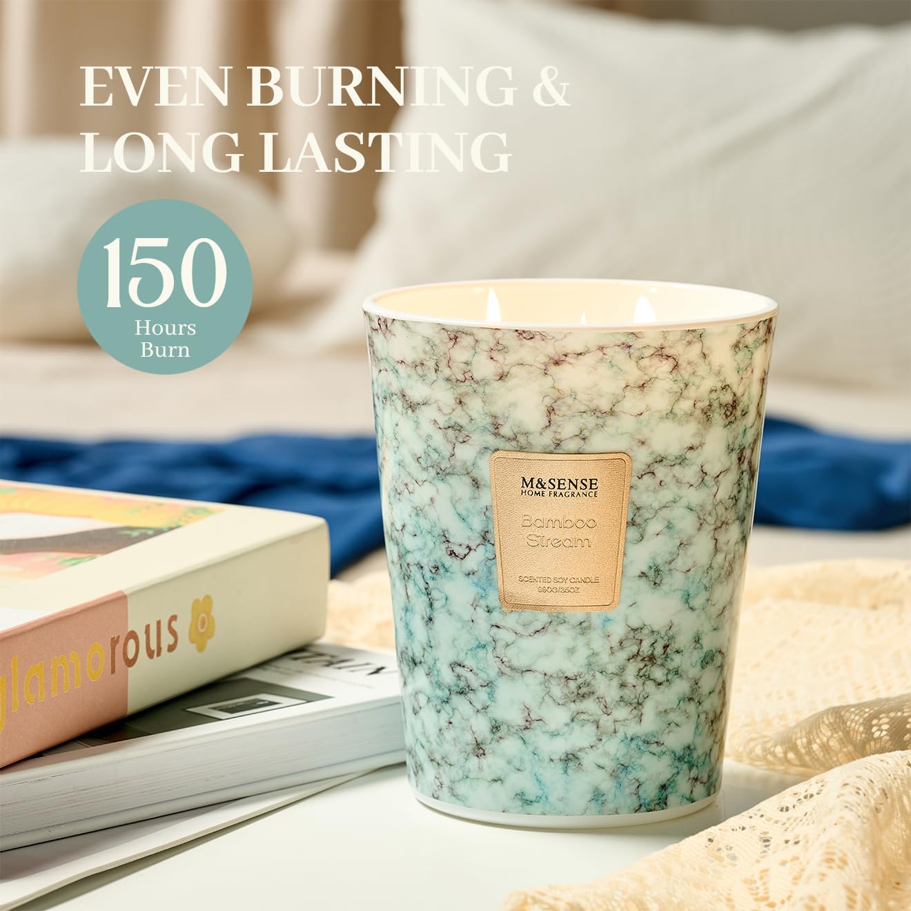 M&SENSE BambooStream Scented Candles for Home, 3-Wick Highly Scented Jar Candles, Extra Large Candle 35 Oz 150 Hours Long Lasting Burning, Relaxing Aromatherapy Candle for Stress Relief, Meditation