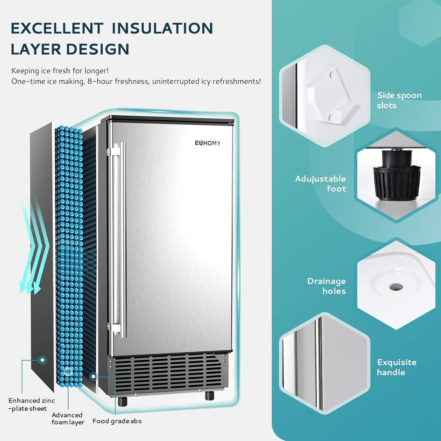 EUHOMY 15" W Commercial Under Counter Ice Maker Machine, 90 Lb/Day Auto-Cleaning & 24H Timer, Gravity Drainage,Stainless Steel Built-in Freestanding Ice Maker, 24 Lb Bin, Ideal for Commercial & Home