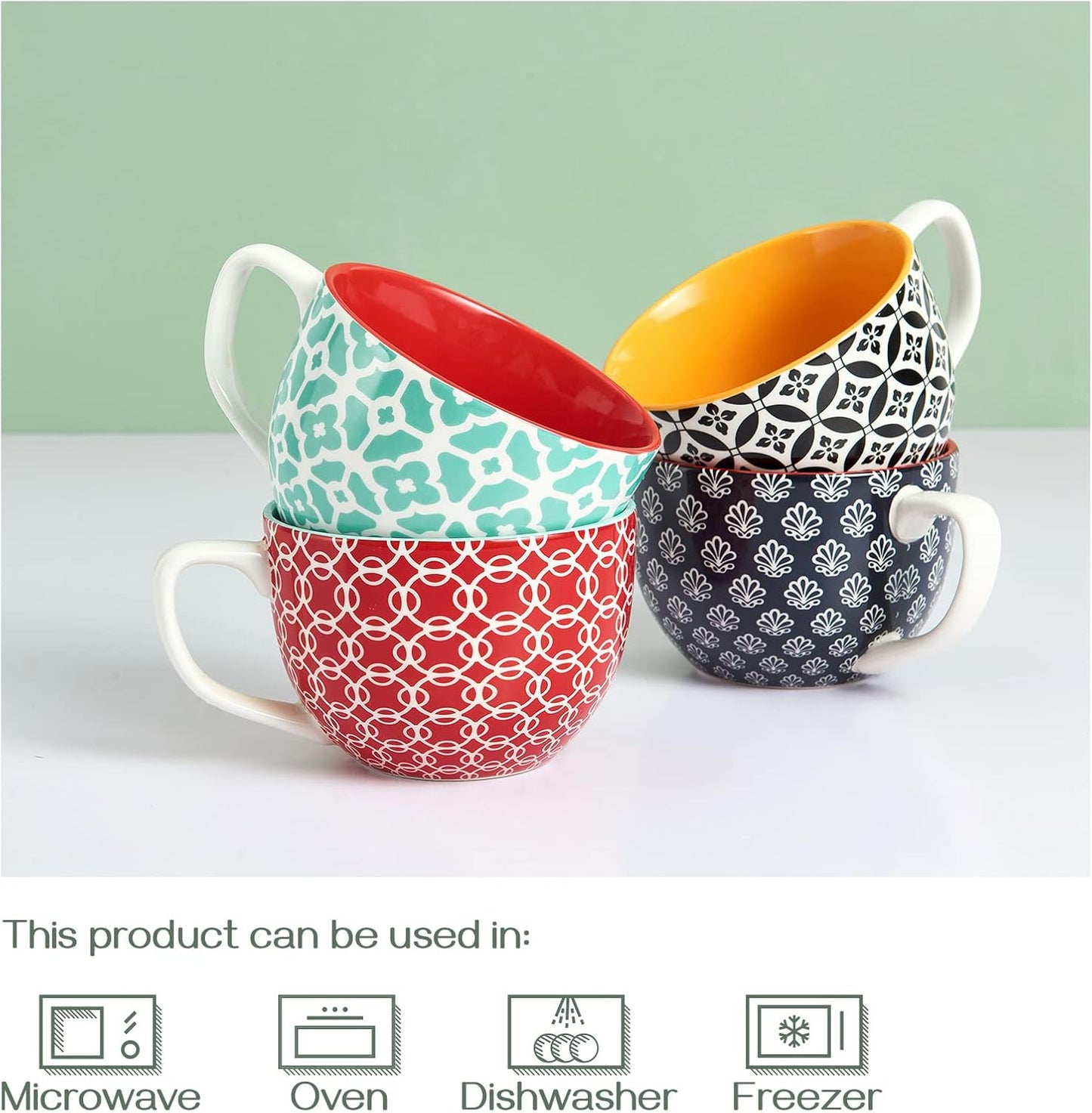 DOWAN Coffee Mugs Set of 4, 24 oz Large Coffee Mugs, Jumbo Soup Mugs With Handles, Ceramic Coffee Cups for Coffee Cereal Latte for Men Women, Housewarming Wedding Gift, Vibrant Colors