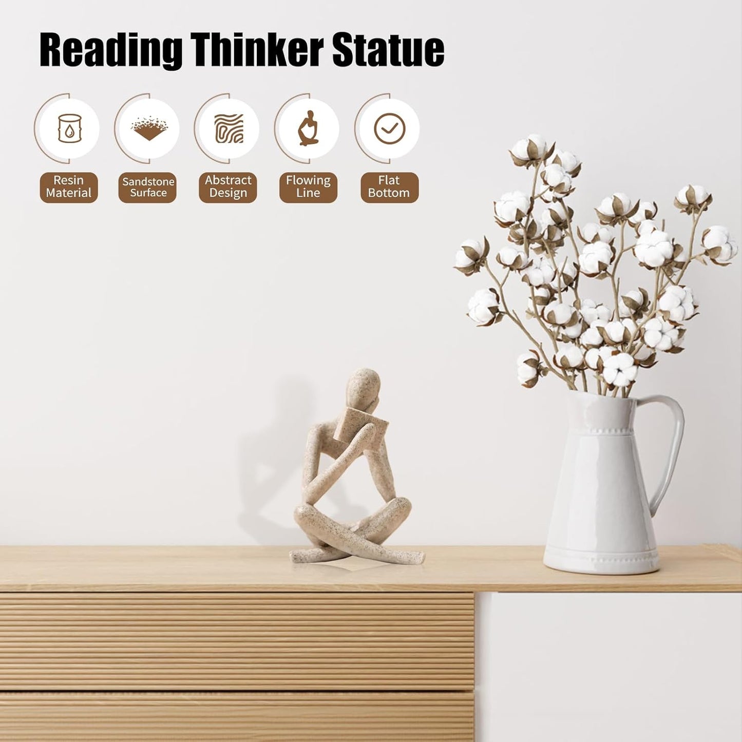 Bookshelf Decor Reading Statue - Abstract Art Thinker Sculpture Bookend for Shelves Aesthetic, Modern Home Decoration Figurine for Living Room Office Shelf Desk Coffee Table Decor(Beige Right)