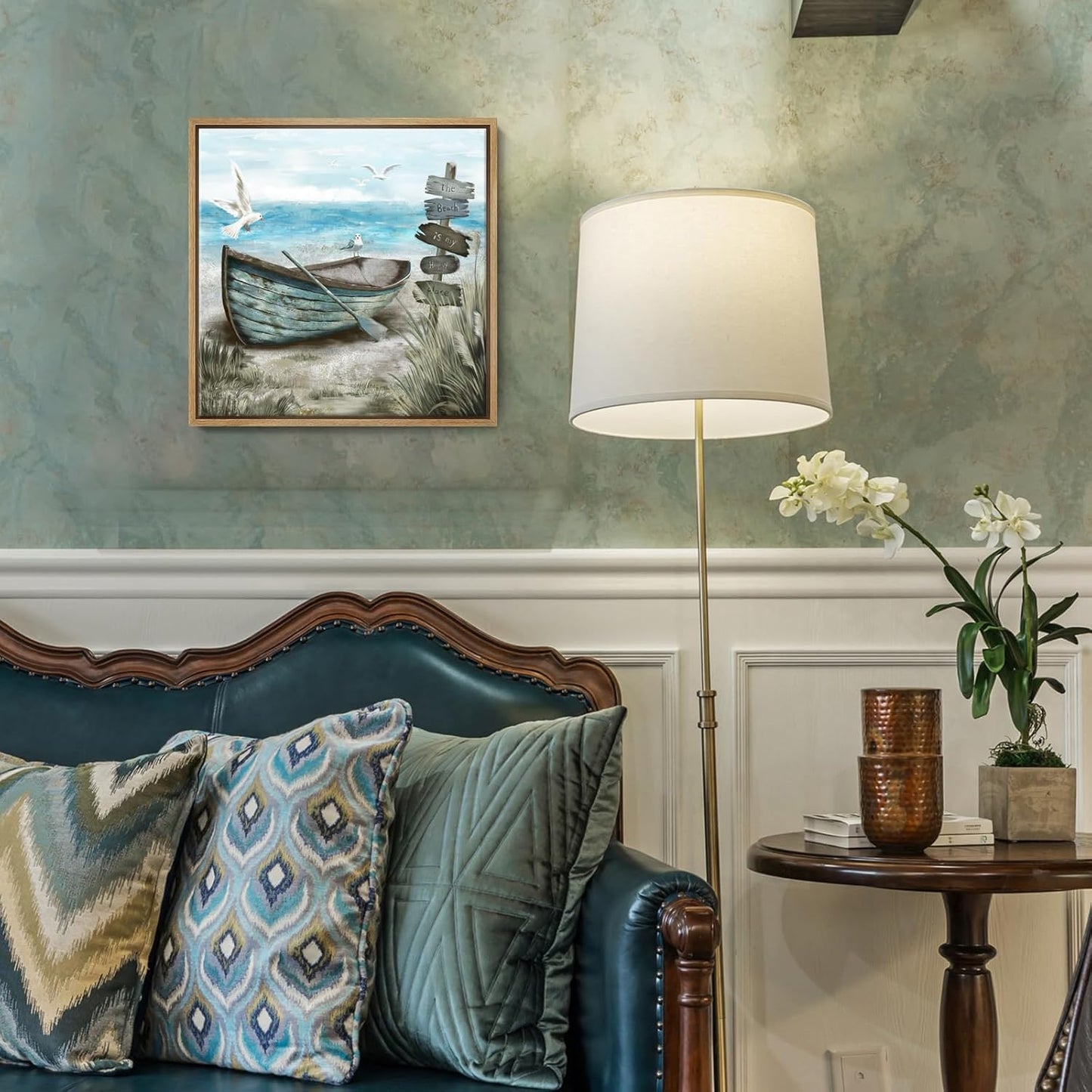 Framed Wall Art Beach Décor Ocean Canvas Picture Coastal Artwork Sea Bird Boat Blue Tan Small Rustic Beachy Canvas Print for Bathroom Bedroom Living Room