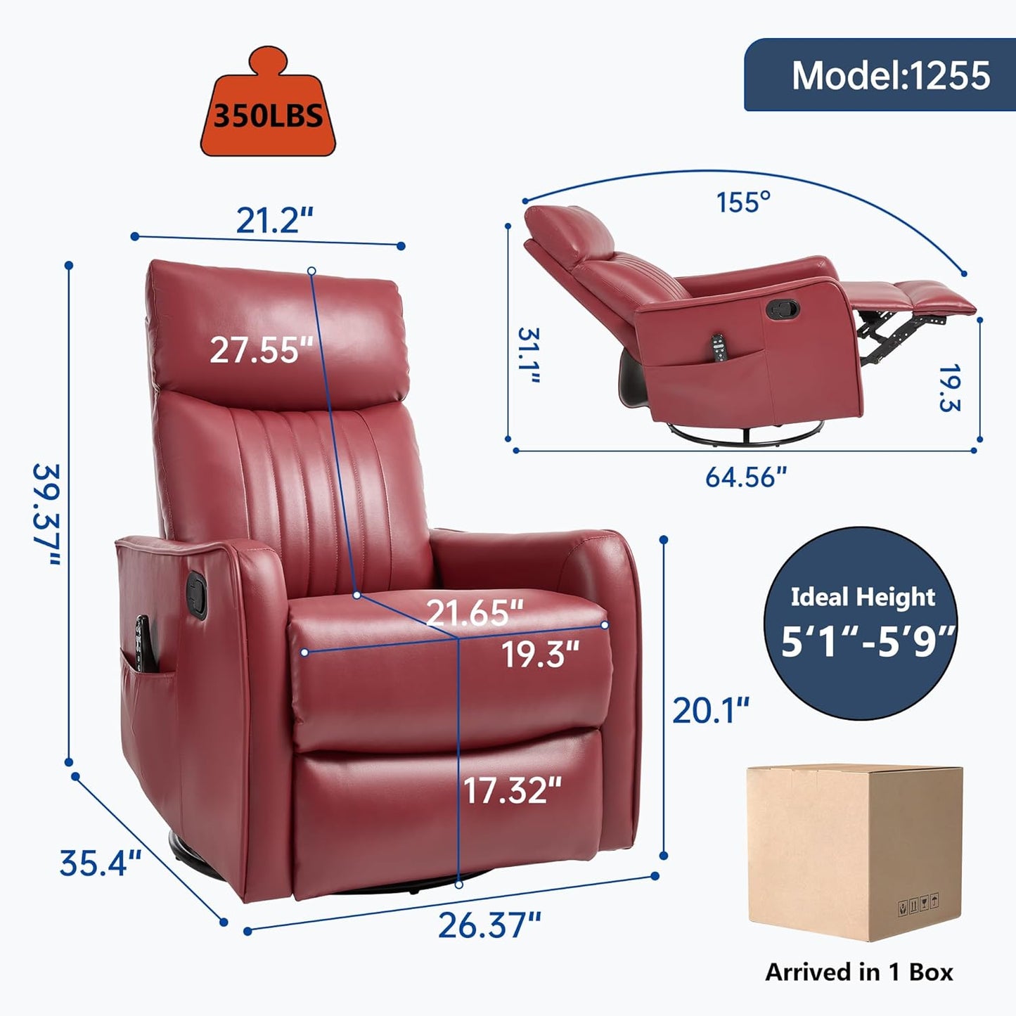 Manual Swivel Rocker Recliner Chair for Adults, Overstuffed Reclining Glider Chair for Nursing with Vibration Massage & Heat, Living Room Rocking Recliner 2-Stage backrest, Faux Leather Red