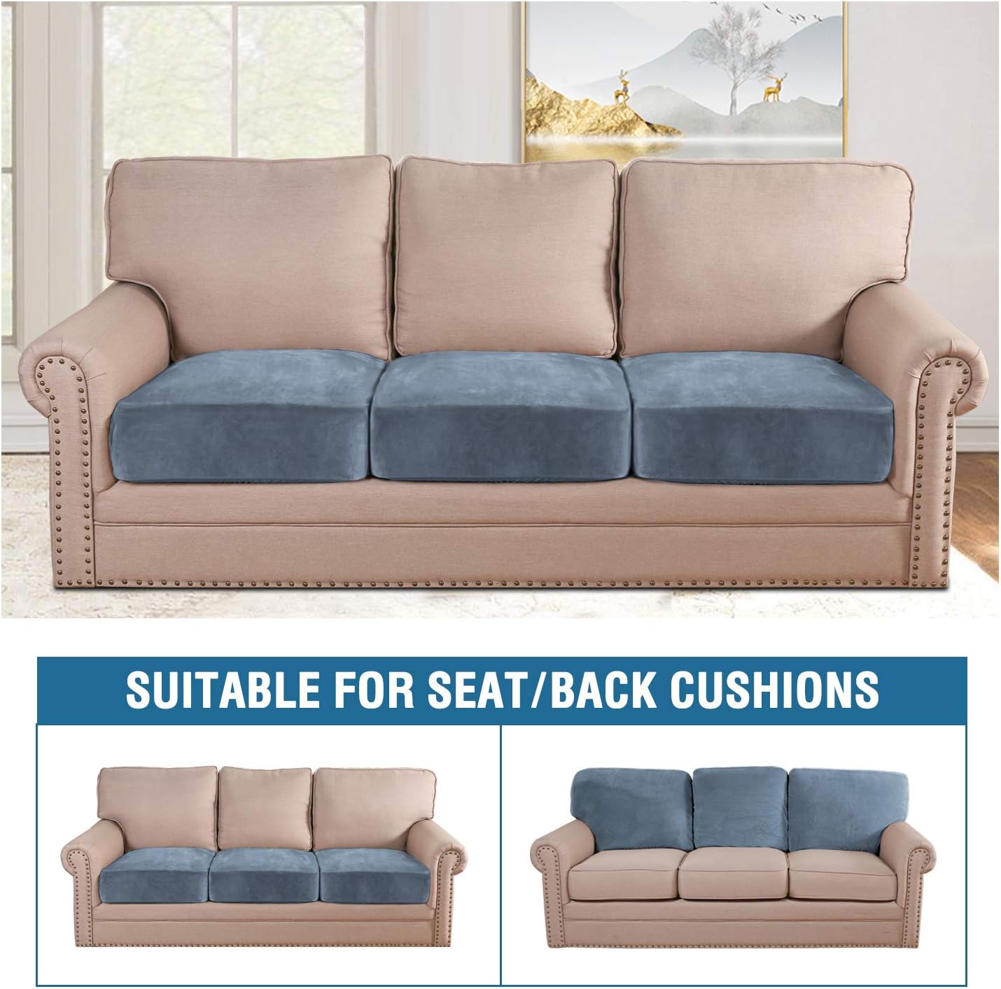 H.VERSAILTEX Velvet Stretch Couch Cushion Cover Plush Cushion Slipcover for Chair Loveseat Sofa Cushion Furniture Protector Seat Cushion Sofa Cover (3 Piece XL Sofa Cushion Covers, Stone Blue)