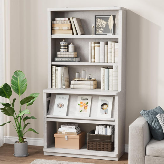 Rresyet 5 Tier Bookcase with Flip-Flop Design, 71" x 37" x 16" Wooden Book Shelf, Extra Bookshelf Storage Organizer, Display Standing Shelf Unit for Home Office, Living Room, Study Room (White)