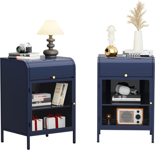 Modern Metal Side Tables Set of 2, End Tables with Glass Door, 2-Tier Nightstands with Storage Shelves, Accent Table, Slim Sofa Table for Living Room, Bedroom (Blue)