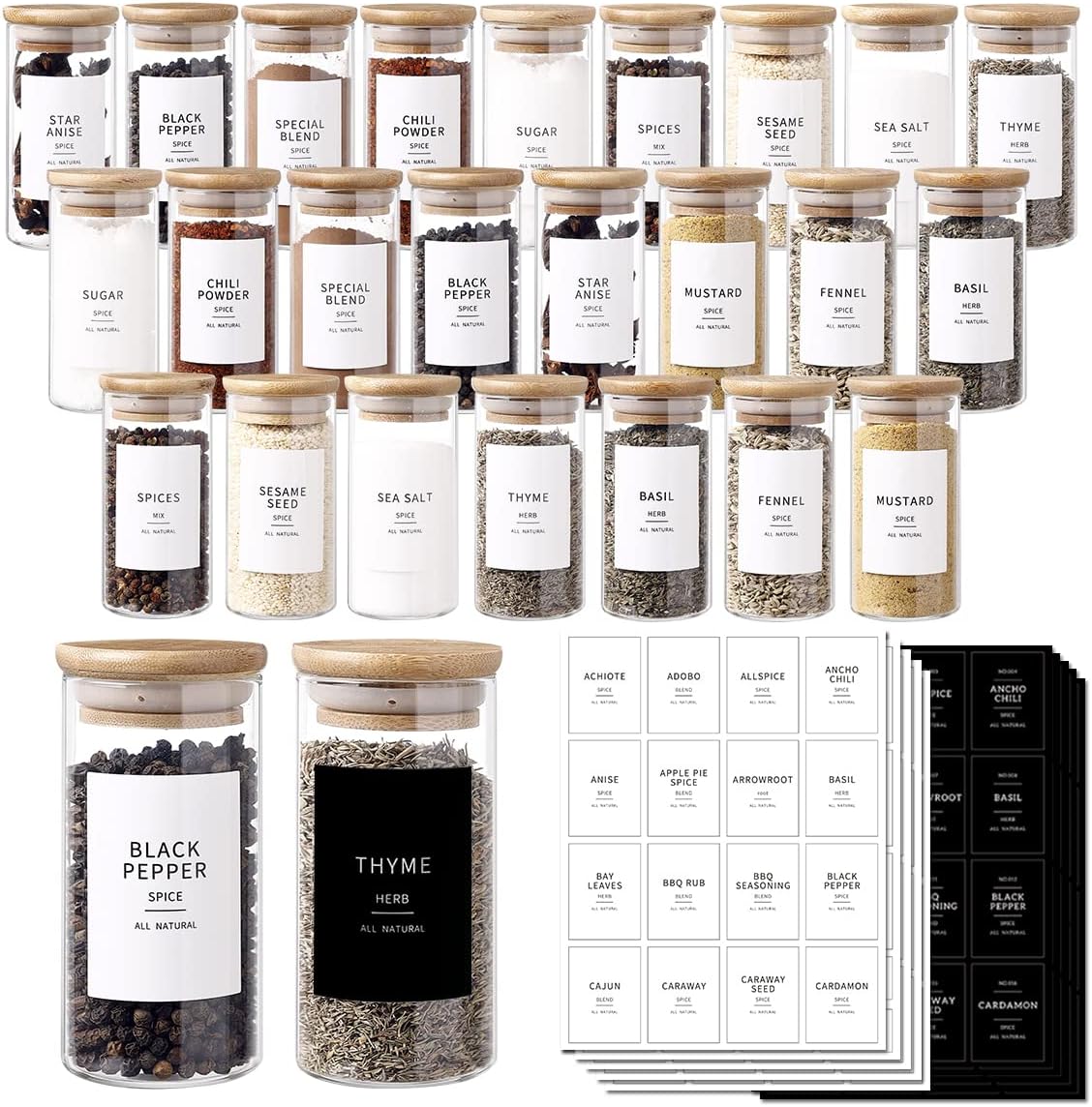 24 Pcs Glass Jars With 296 Spice Labels Preprinted of White and Black Color- 4oz Thicken(2.4mm) Empty Small Herb Seasoning Containers With Bamboo Airtight Lids