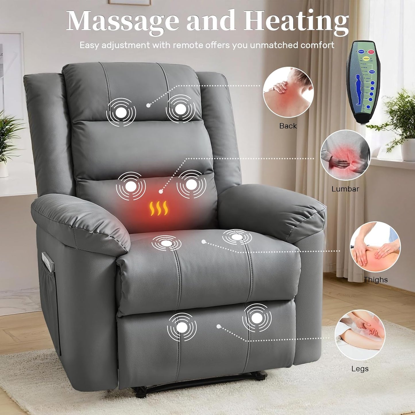 Recliner Chair with Massage & Heat, 8 Vibration Points, 5 Modes, 115-165° Reclining, Manual Recliner for Adults, Timer & Intensity Control, Faux Leather Massage Chair with Side Pocket for Living Room