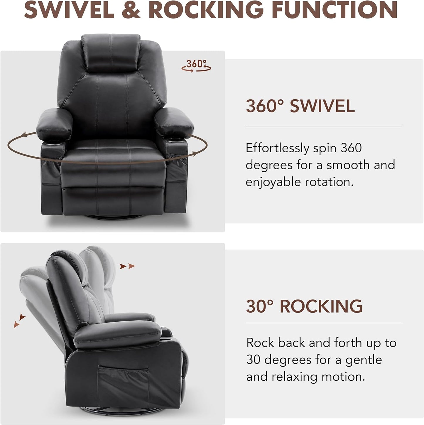 Swivel Rocker Recliner Chair with Heat and Massage, 360 Degree Swivel Rocking Single Sofa with Cup Holders and USB Port, Large Big Recliner Chair for Living Room (Leather, Black)
