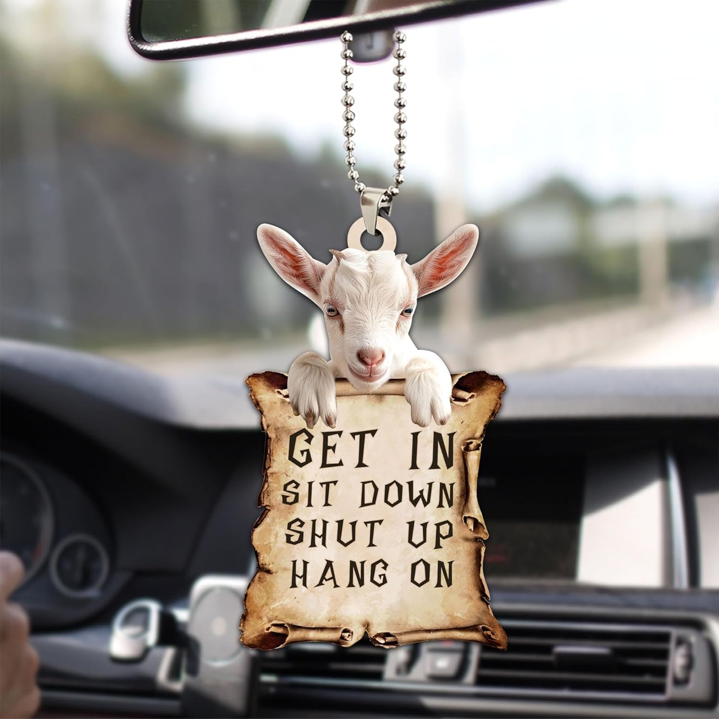 Talataca Goat Get in Sit Down Shut Up Hang On Funny Animal 2D Flat Car Rear View Mirror Accessories Christmas Tree Ornament Decoration Hanging Charm Interior Rearview Pendant Decor Gift