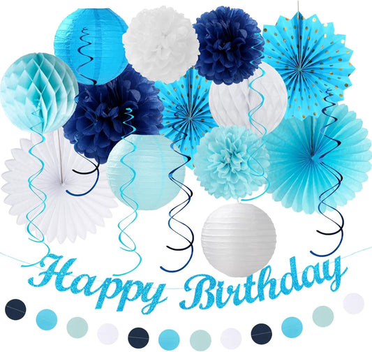 Light-Royal Blue White Birthday Party-decorations - 21pcs Boys Men Ocean Happy Banner,Navy Dusty Paper Streamers Lanterns Honeycomb,tissue Pom Poms Fan,Nautical Adult Garland Supplies Decor Huglony