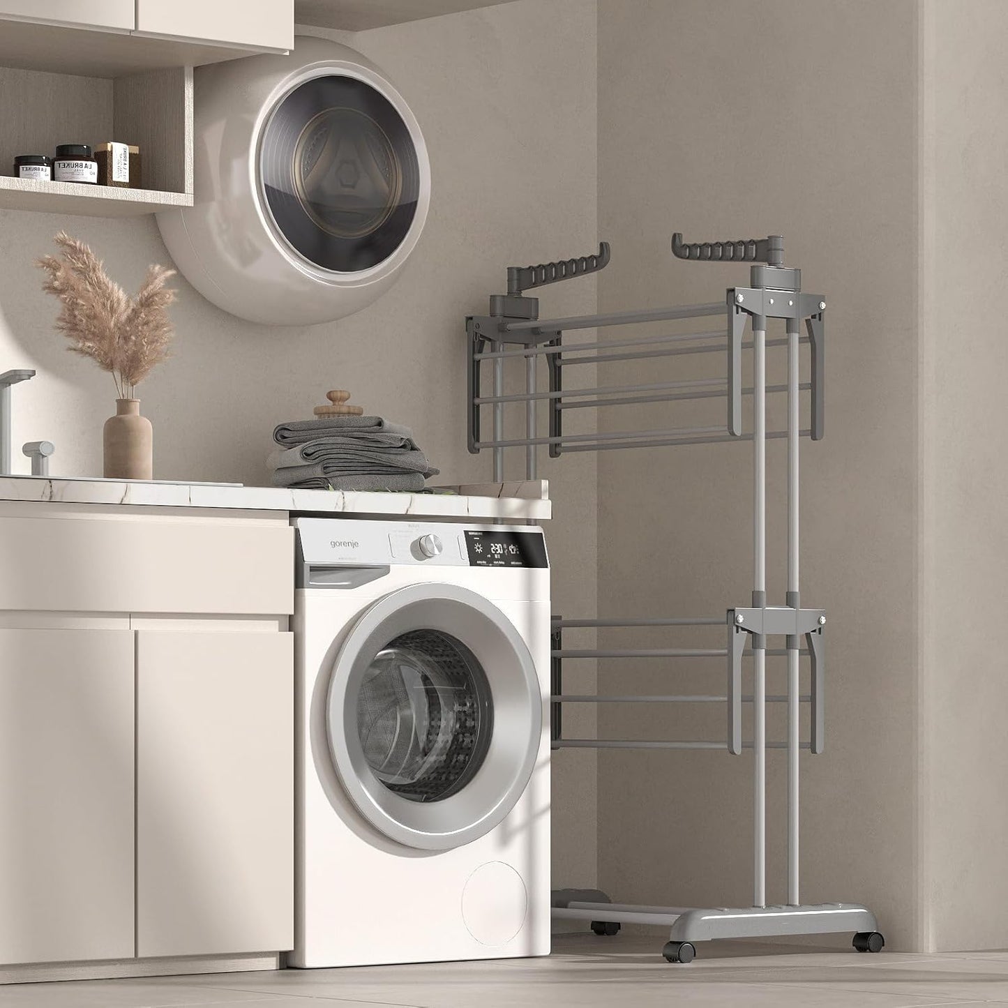 Bigzzia 3 Tier Clothes Drying Rack, 57 Inch Laundry Drying Rack, Foldable Stainless Steel Kids Clothing Rack, Movable Laundry Rack for Indoor Outdoor - Grey