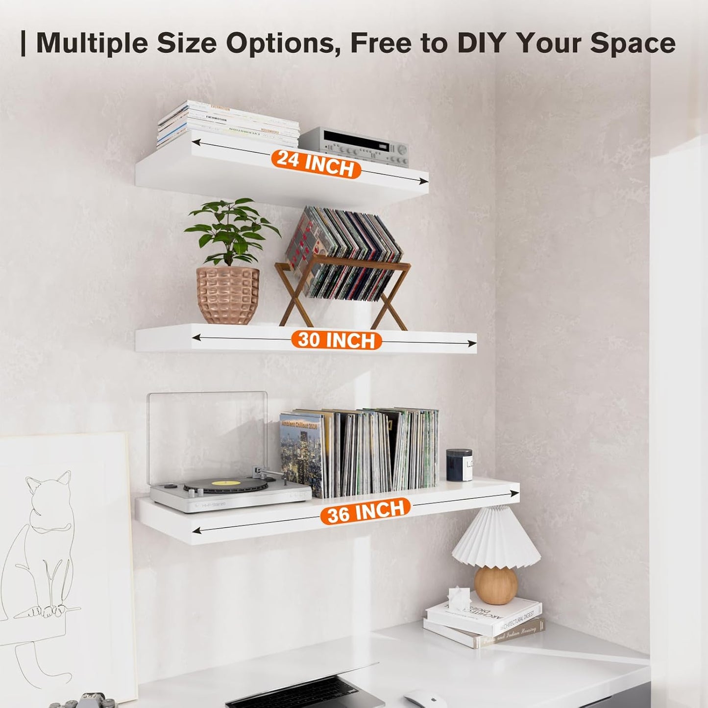 Large Floating Shelves for Wall Set of 1 Wooden Wall Shelves 24 in x 12.75 in x 2 in Room Decor Long Shelf with Invisible Wall Mount Bracket for Bedroom Kitchen Living Room White