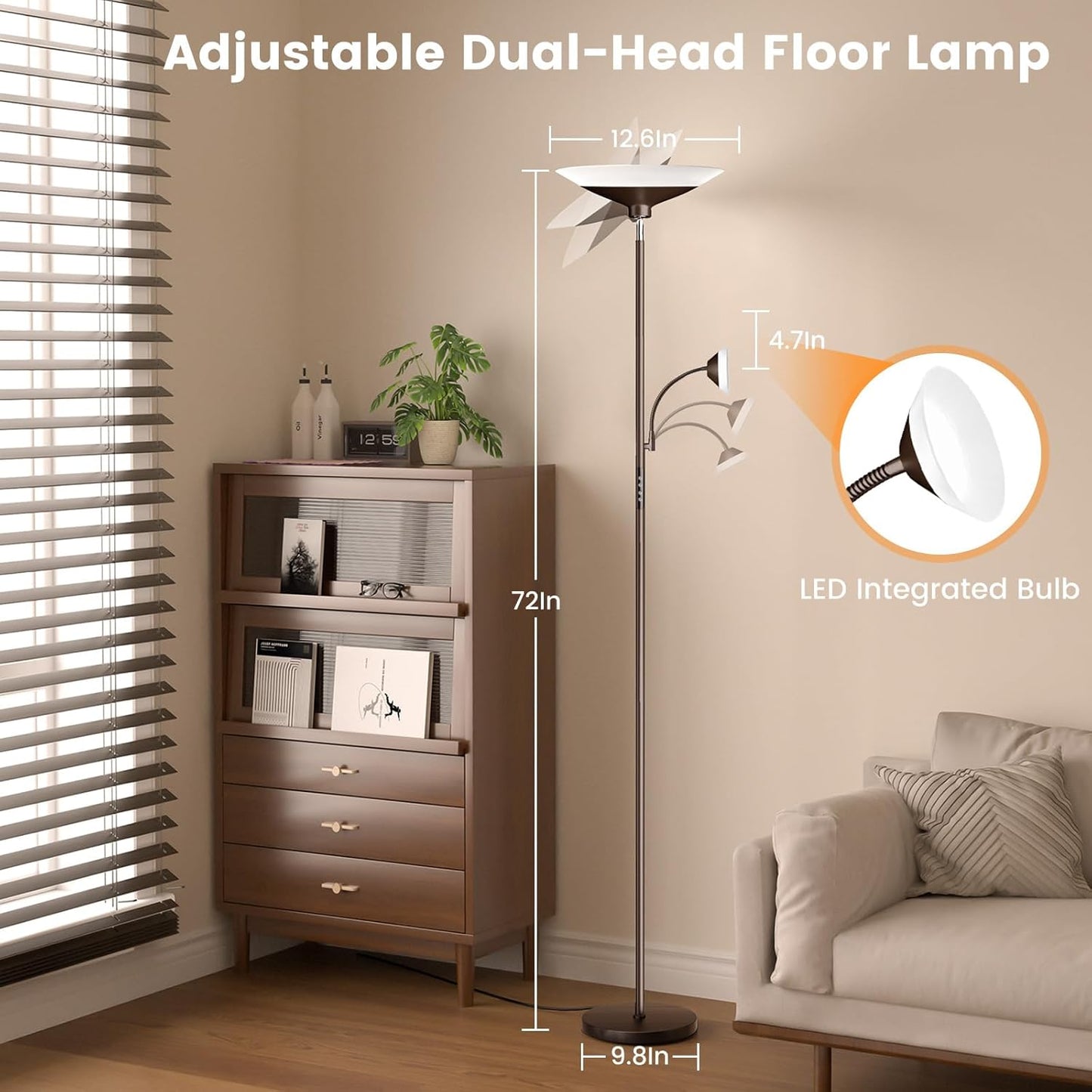 Brown Torchiere LED Floor Lamp - 72" Rotating Standing Lamp with Remote, 34W Dimmable Floor Light with Color Changing, Tall Bright Corner Lamp for Reading Living Room Bedroom Office