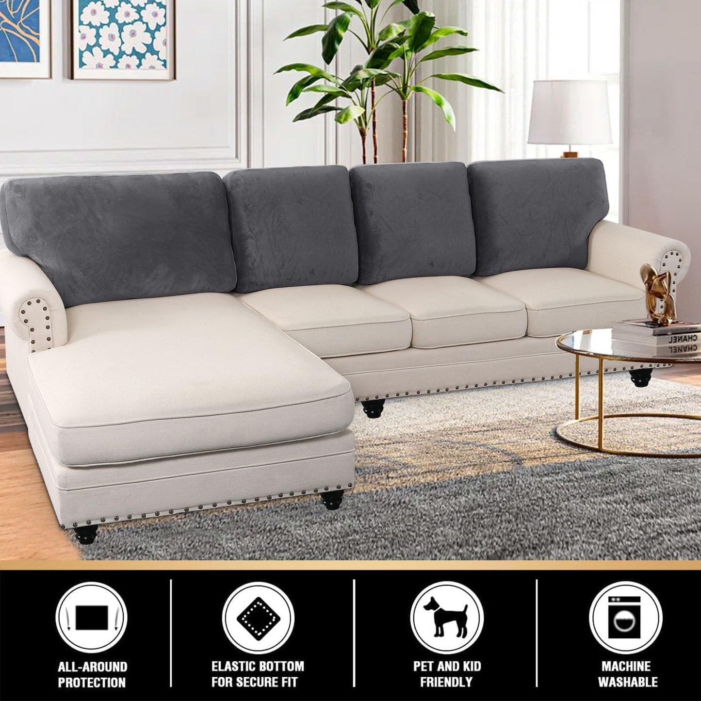 PrinceDeco Sectional Couch Covers Velvet Cushion Covers for Sectional Couch Washable Cushion Covers for Sectional Sofa Pet Friendly Sectional Sofa Slipcovers(1 Chaise Back+ 3 Sofa Back,Grey)