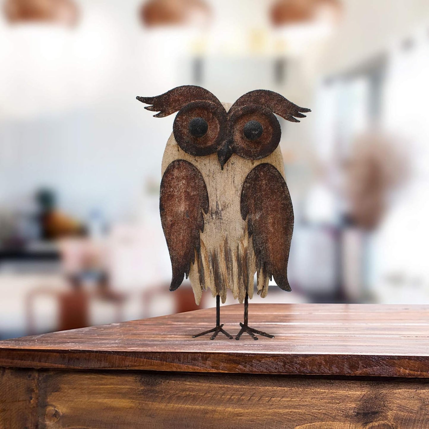E-View Rustic Owl Figurine - Wood & Iron - Collectible - Home Decor - Brown